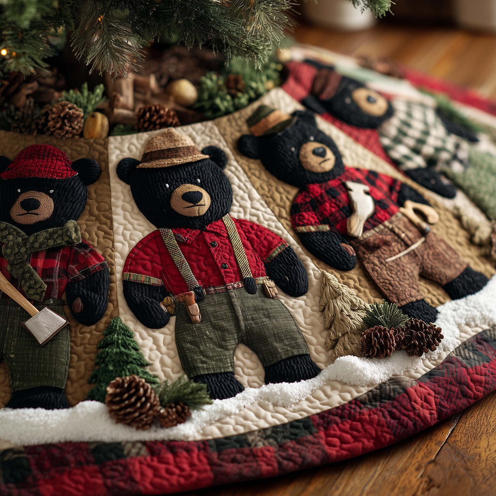 Bears in Overalls and Plaid Shirts Christmas Tree Skirt