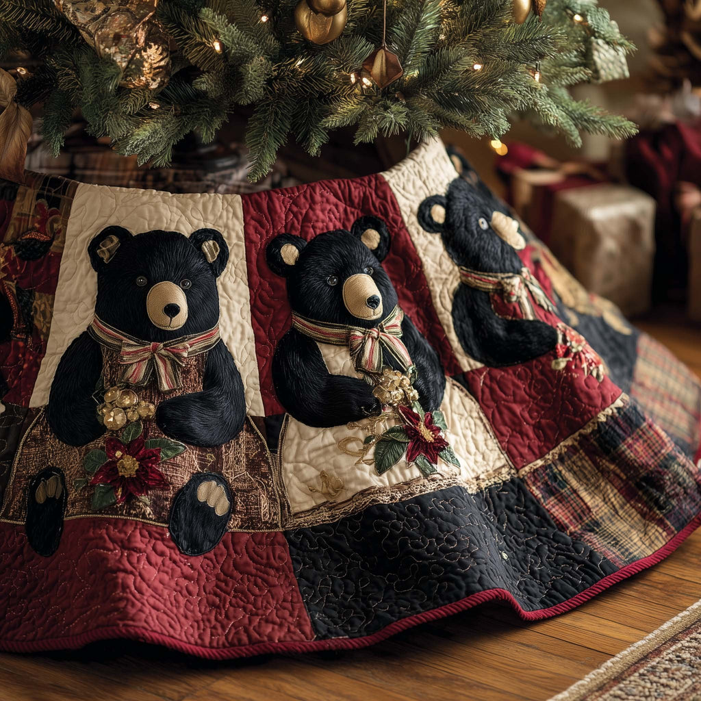 Black Bears on Red and Cream Blocks Christmas Tree Skirt