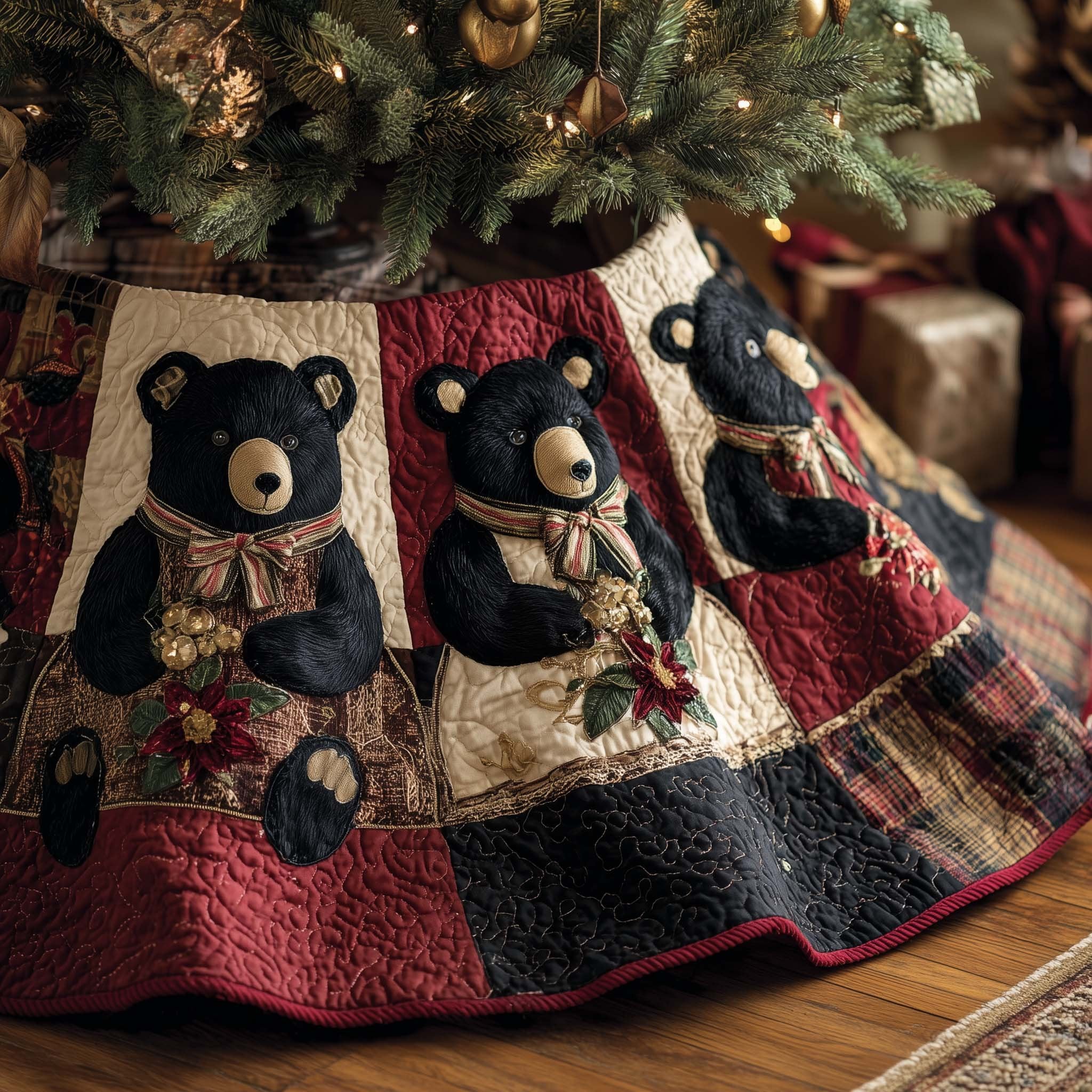 Black Bears on Red and Cream Blocks Christmas Tree Skirt