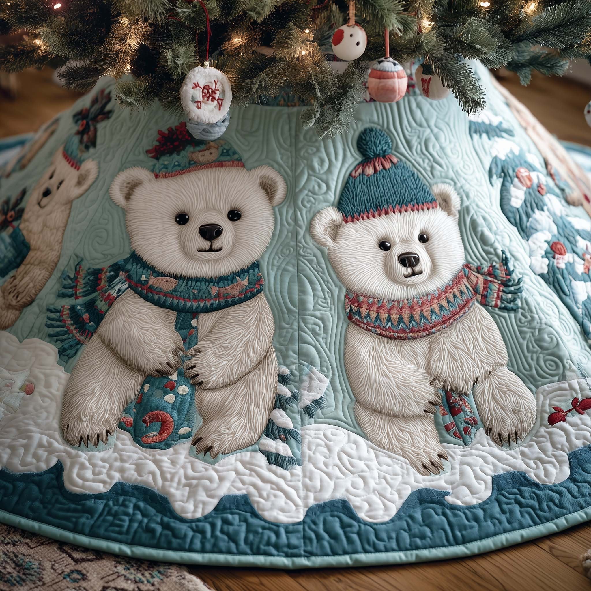 Polar Bears in Knit Hats on Teal Christmas Tree Skirt