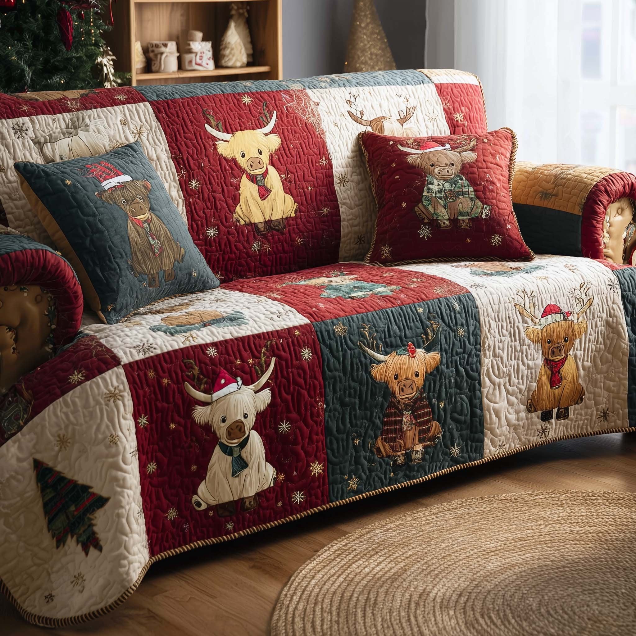 Highland Calves in Festive Blocks Sofa Cover