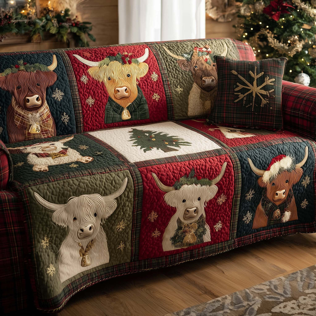 Highland Cow Blocks with Bells Sofa Cover