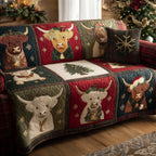 Highland Cow Blocks with Bells Sofa Cover