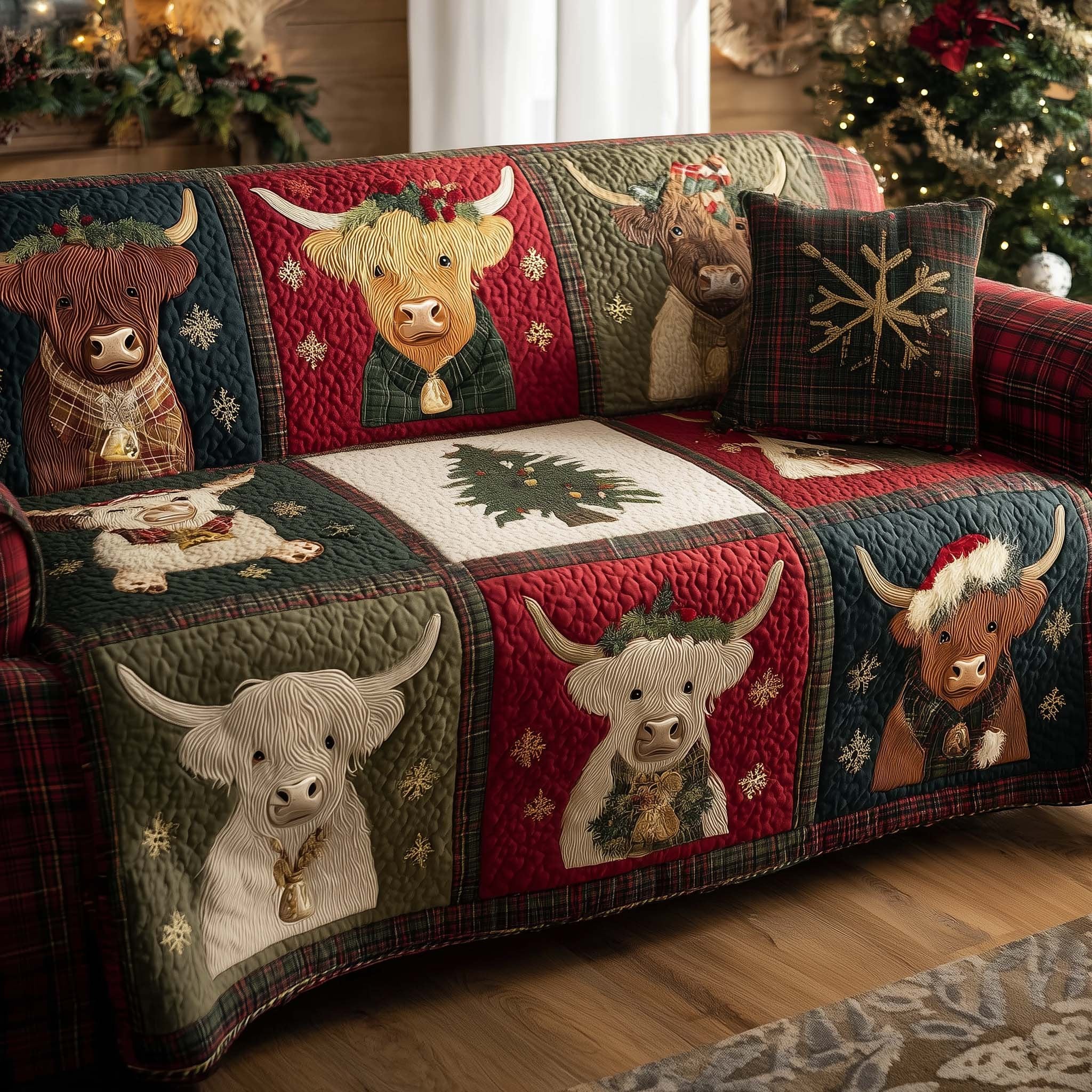 Highland Cow Blocks with Bells Sofa Cover