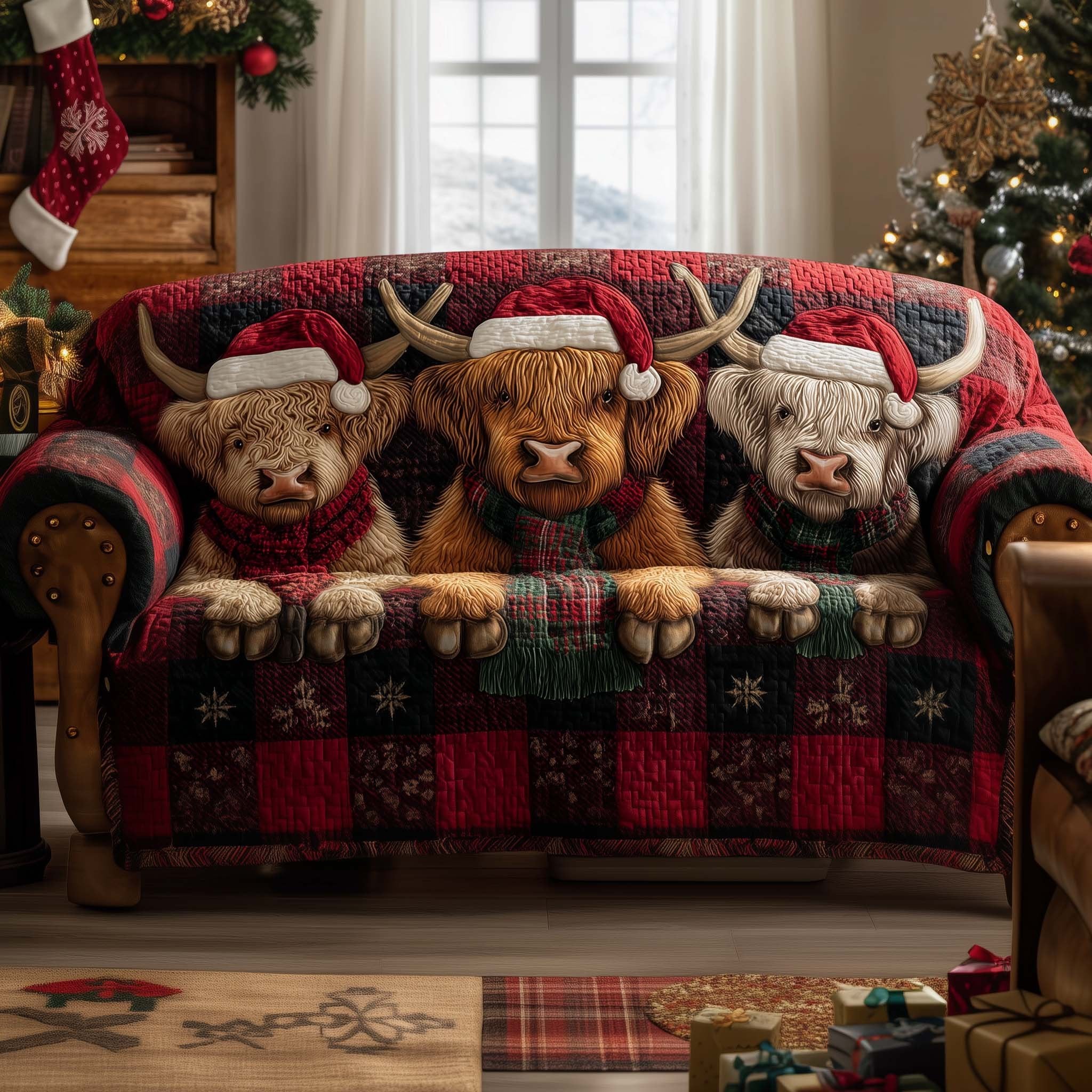 Highland Cow Row in Santa Hats Sofa Cover