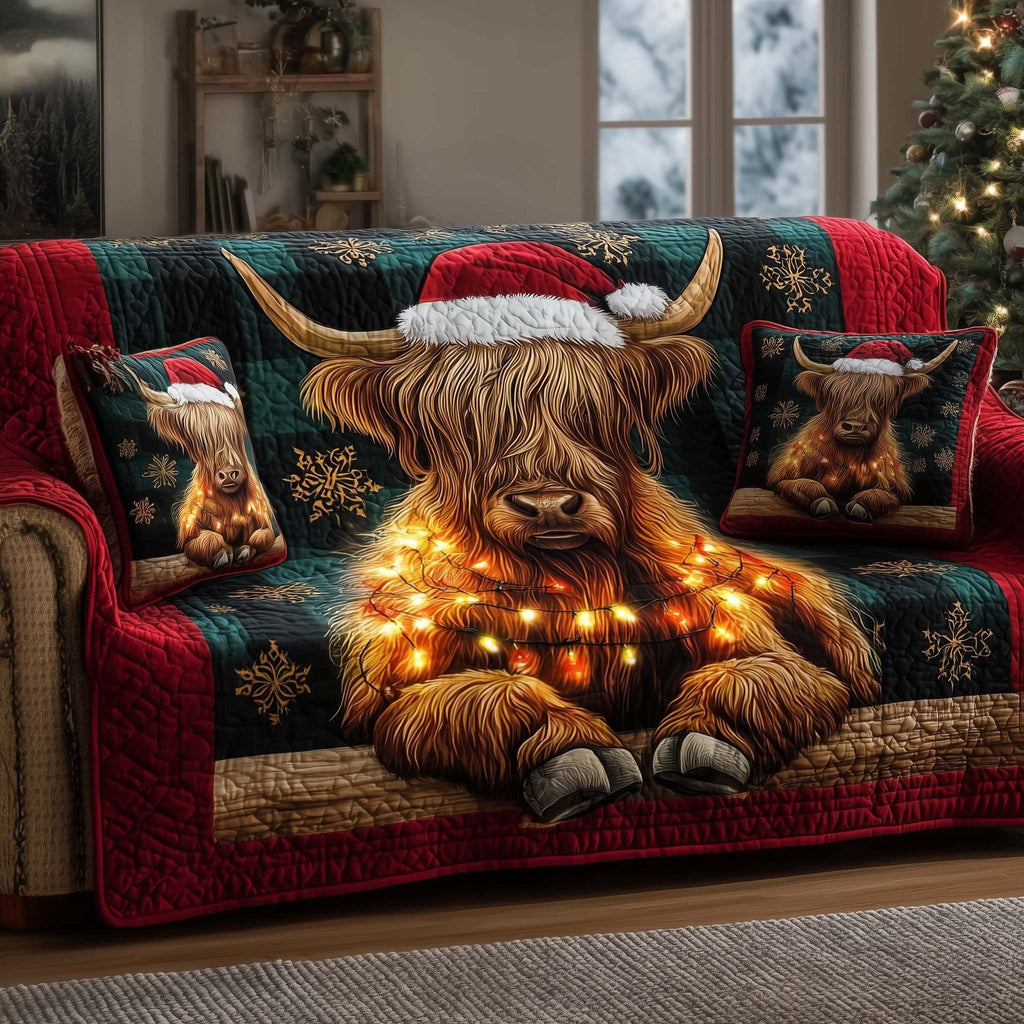 Highland Cow Wrapped in Warm Lights Sofa Cover