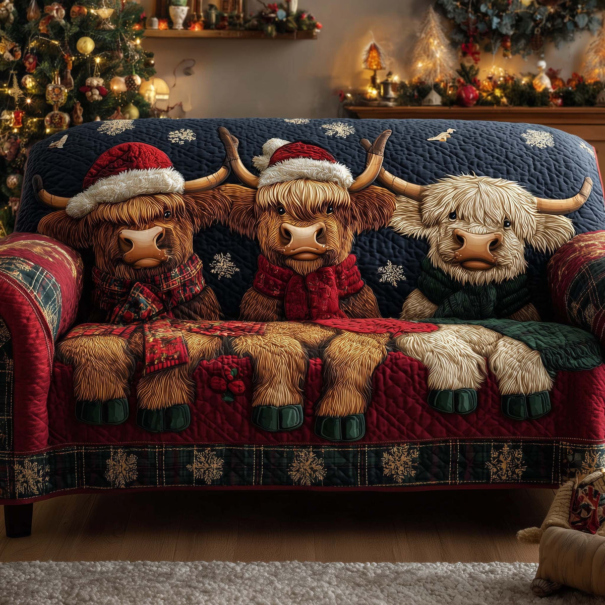 Highland Herd in Hats and Scarves Sofa Cover