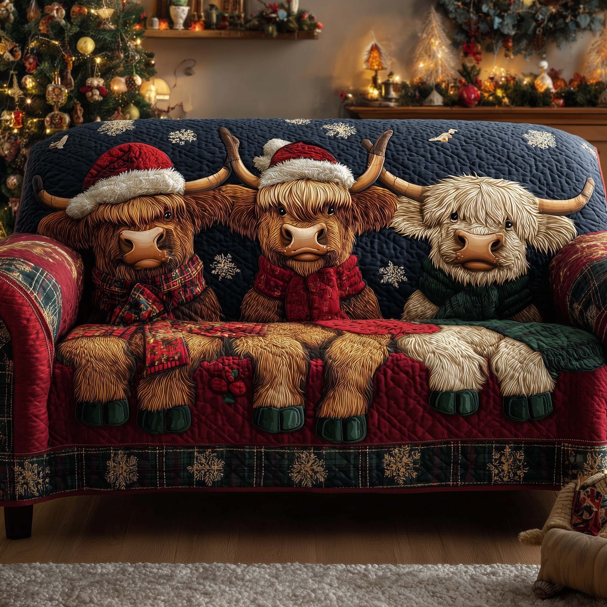 Highland Herd in Hats and Scarves Sofa Cover