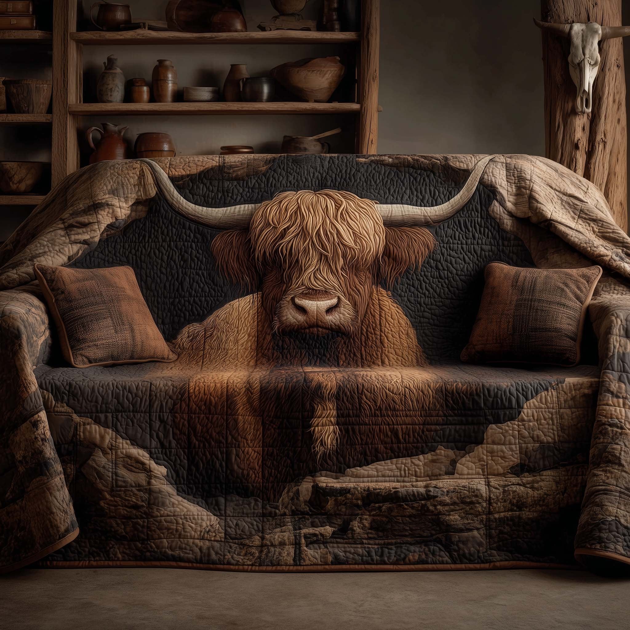 Highland Cow Portrait in Brown Sofa Cover