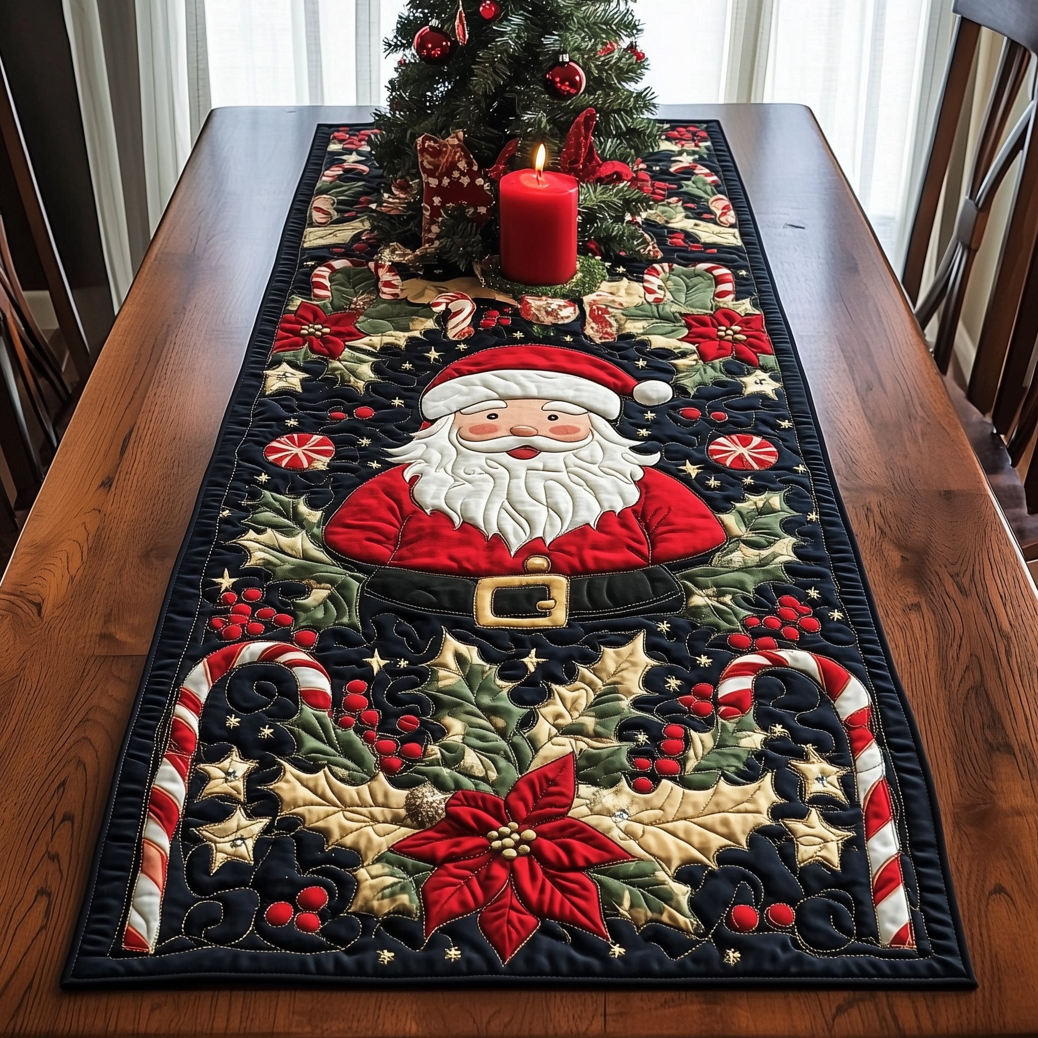 Santa in Belted Coat with Poinsettias Table Runner