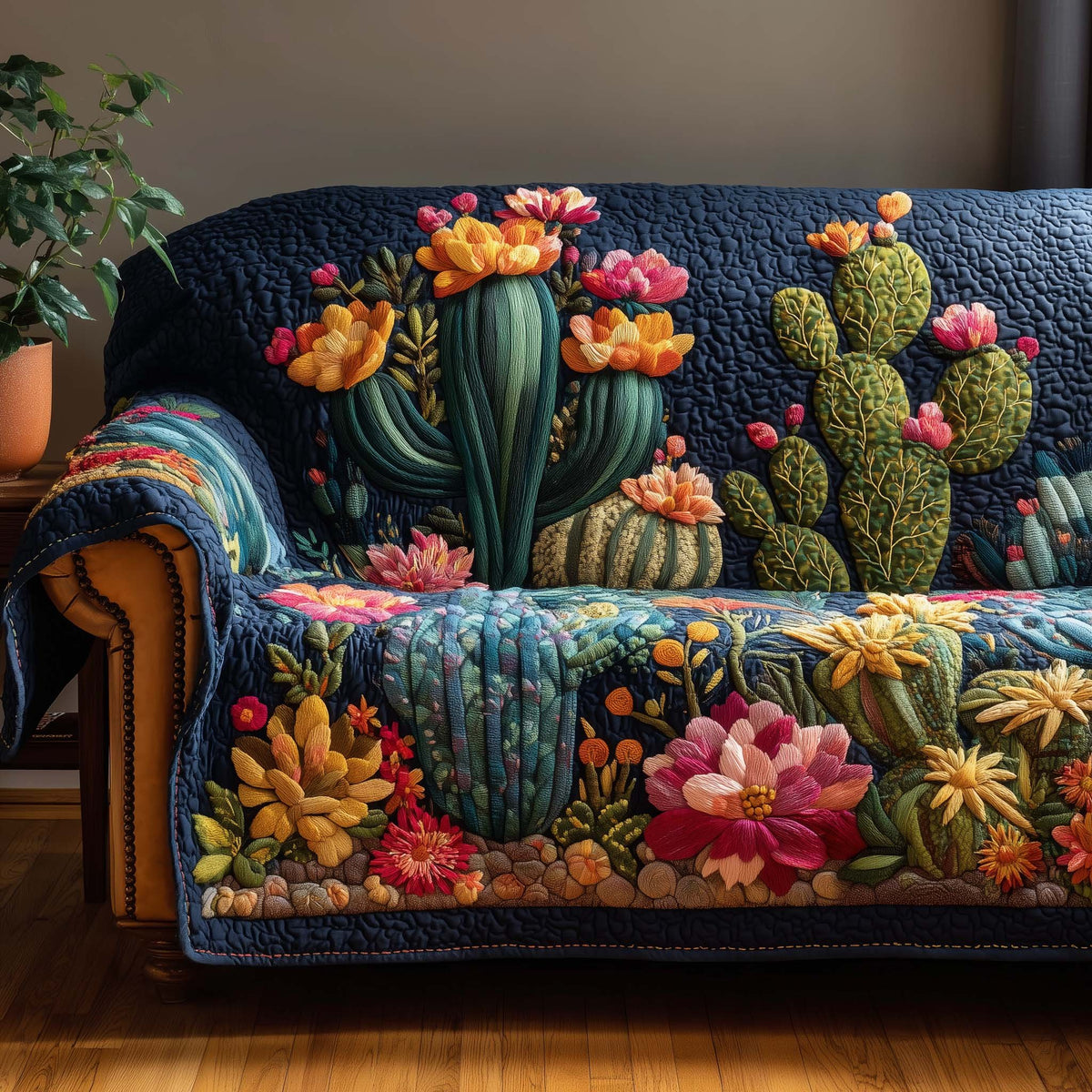 Cactus and Blossoms on Navy Sofa Cover