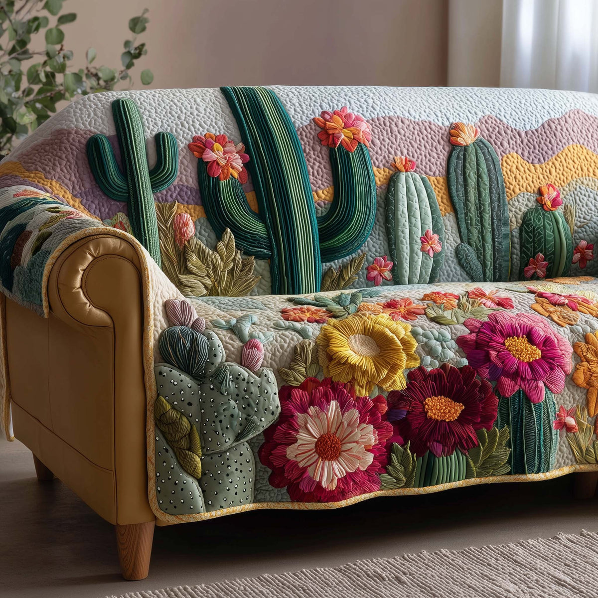 Cactus with Pink Desert Flowers Sofa Cover