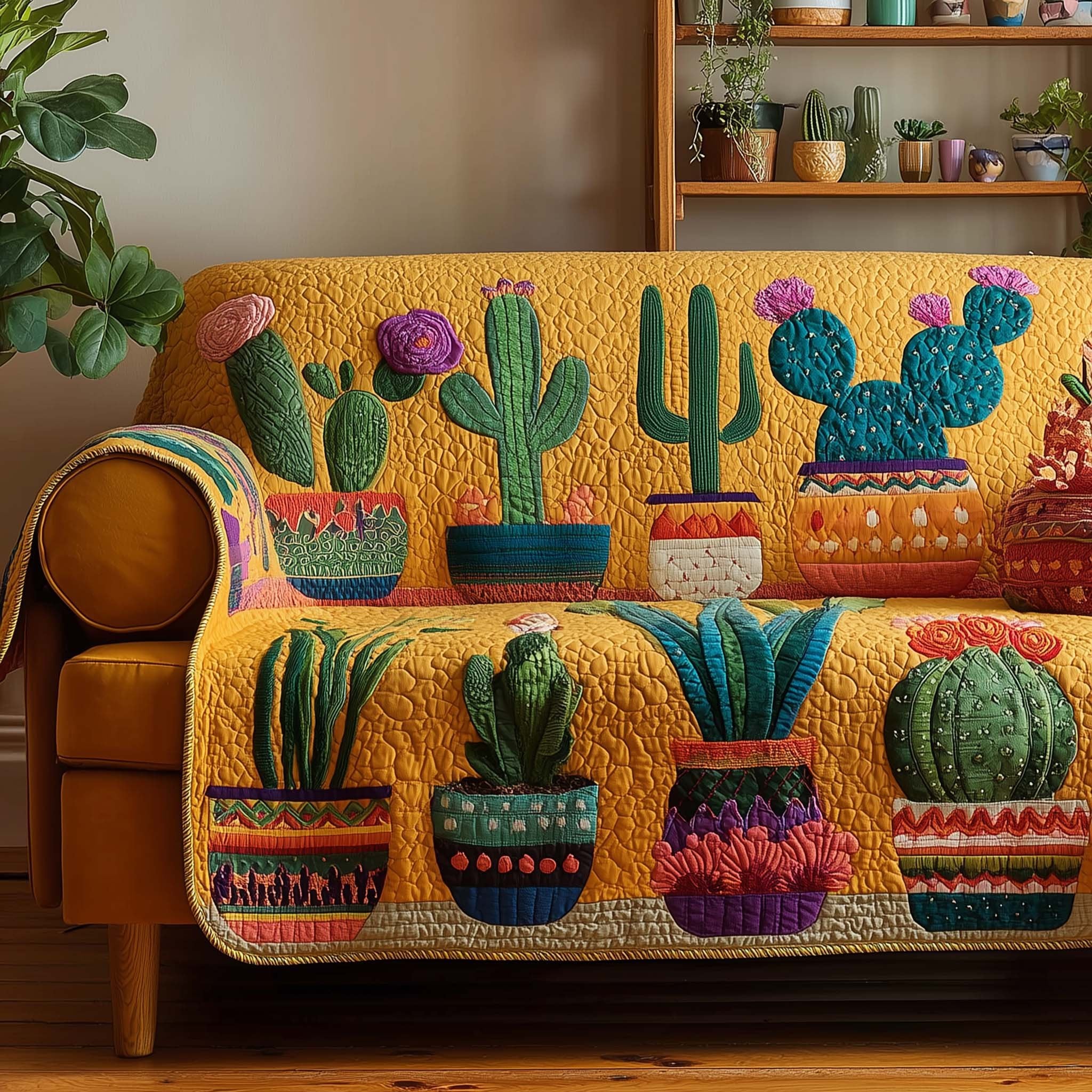 Potted Cactus Collection on Gold Sofa Cover