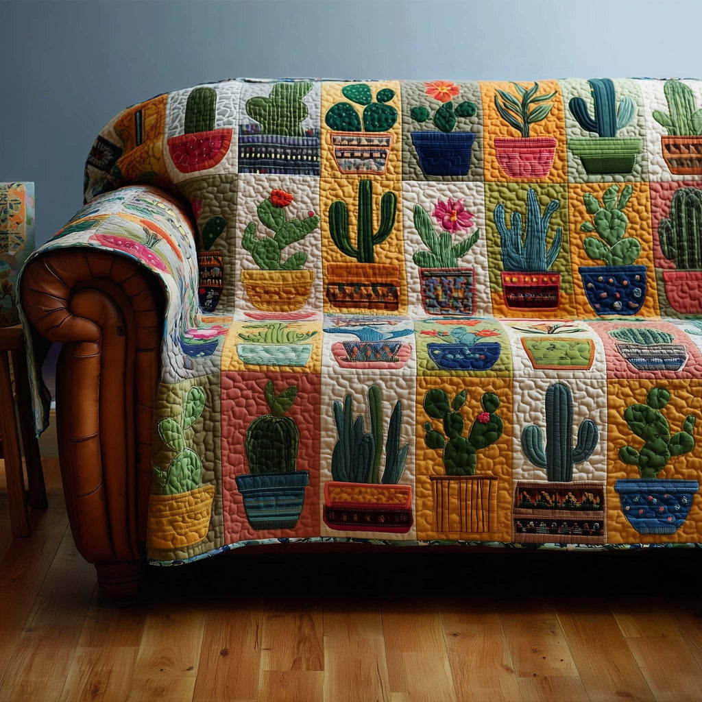Potted Cacti in Cream Blocks Sofa Cover