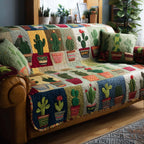 Cactus Pots on Blue and Cream Sofa Cover