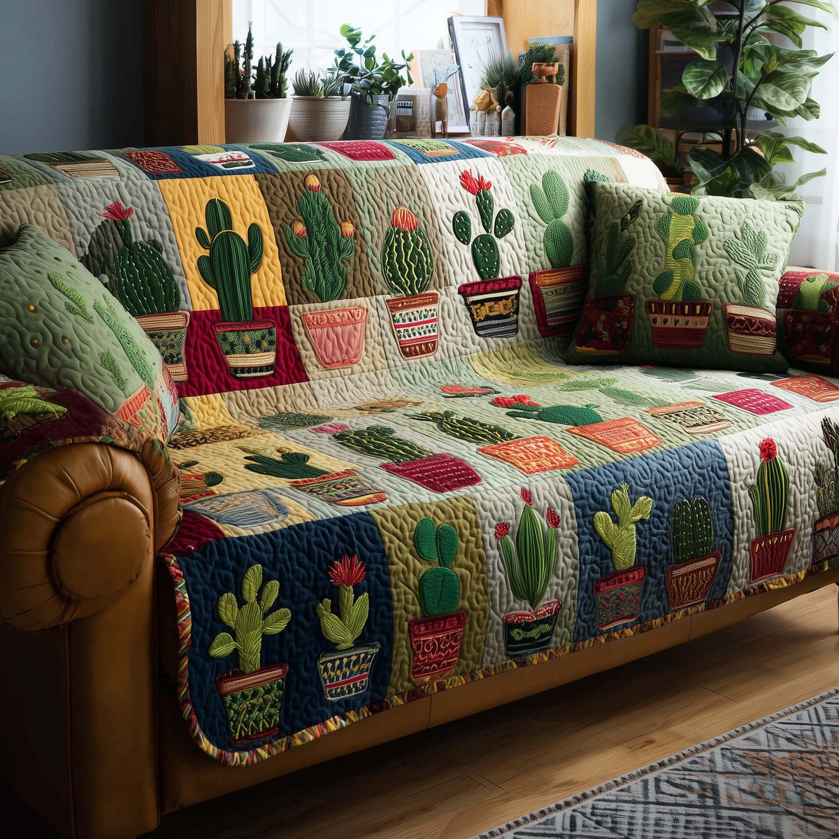 Cactus Pots on Blue and Cream Sofa Cover