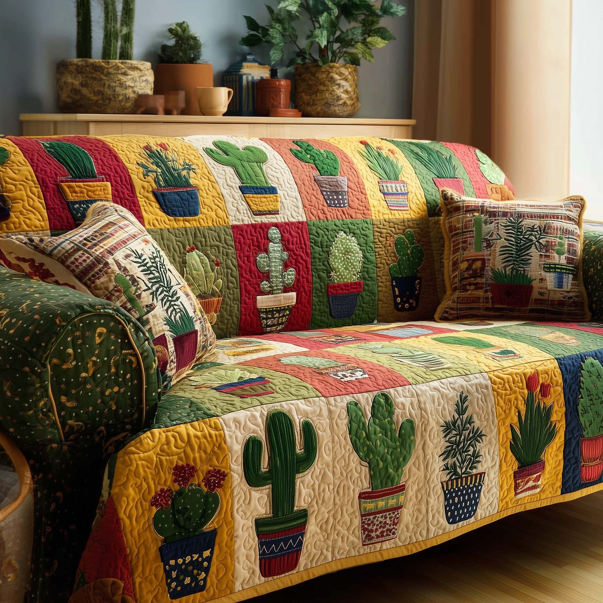 Cacti in Yellow and Green Blocks Sofa Cover