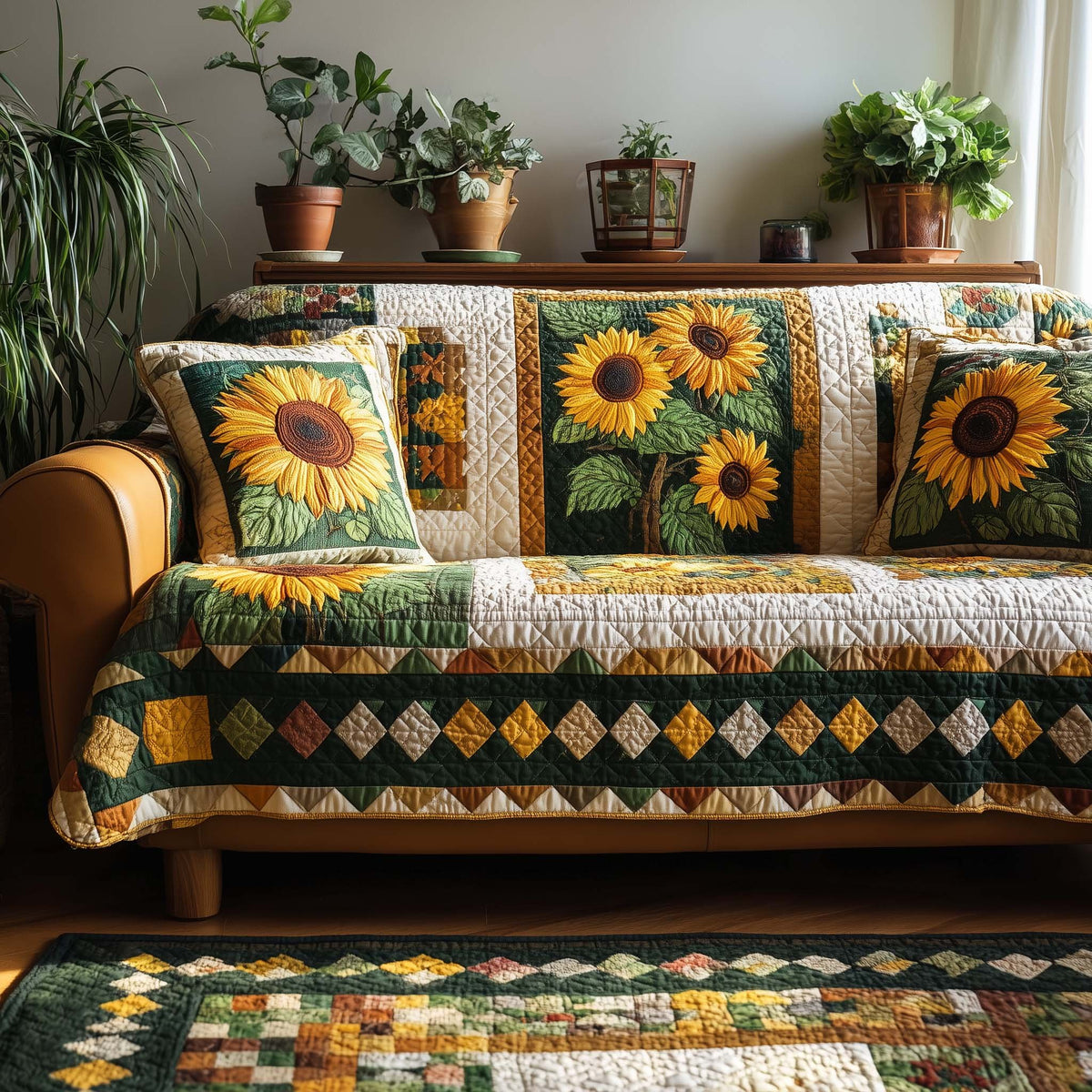 Sunflower Blocks with Green Borders Sofa Cover