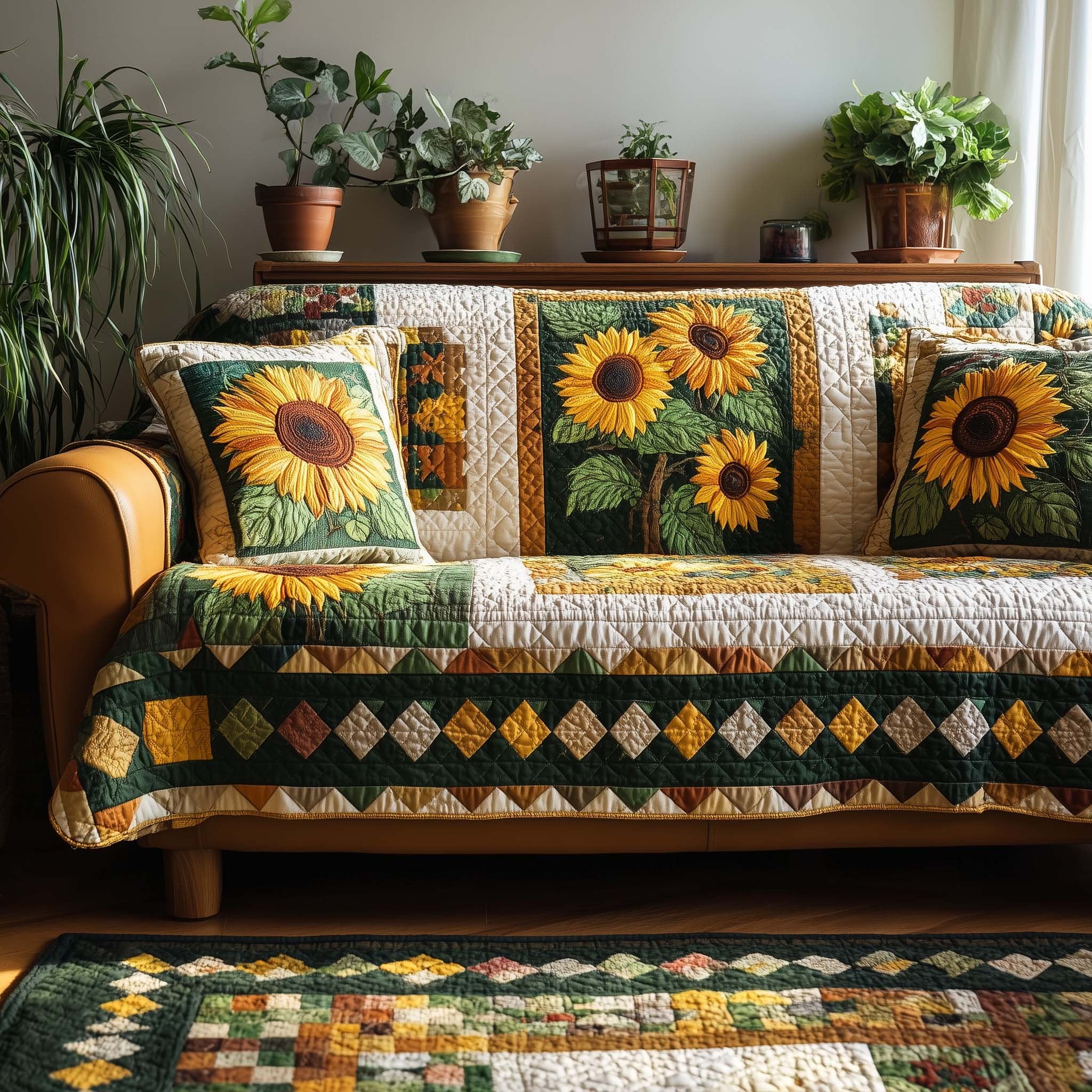Sunflower Blocks with Green Borders Sofa Cover