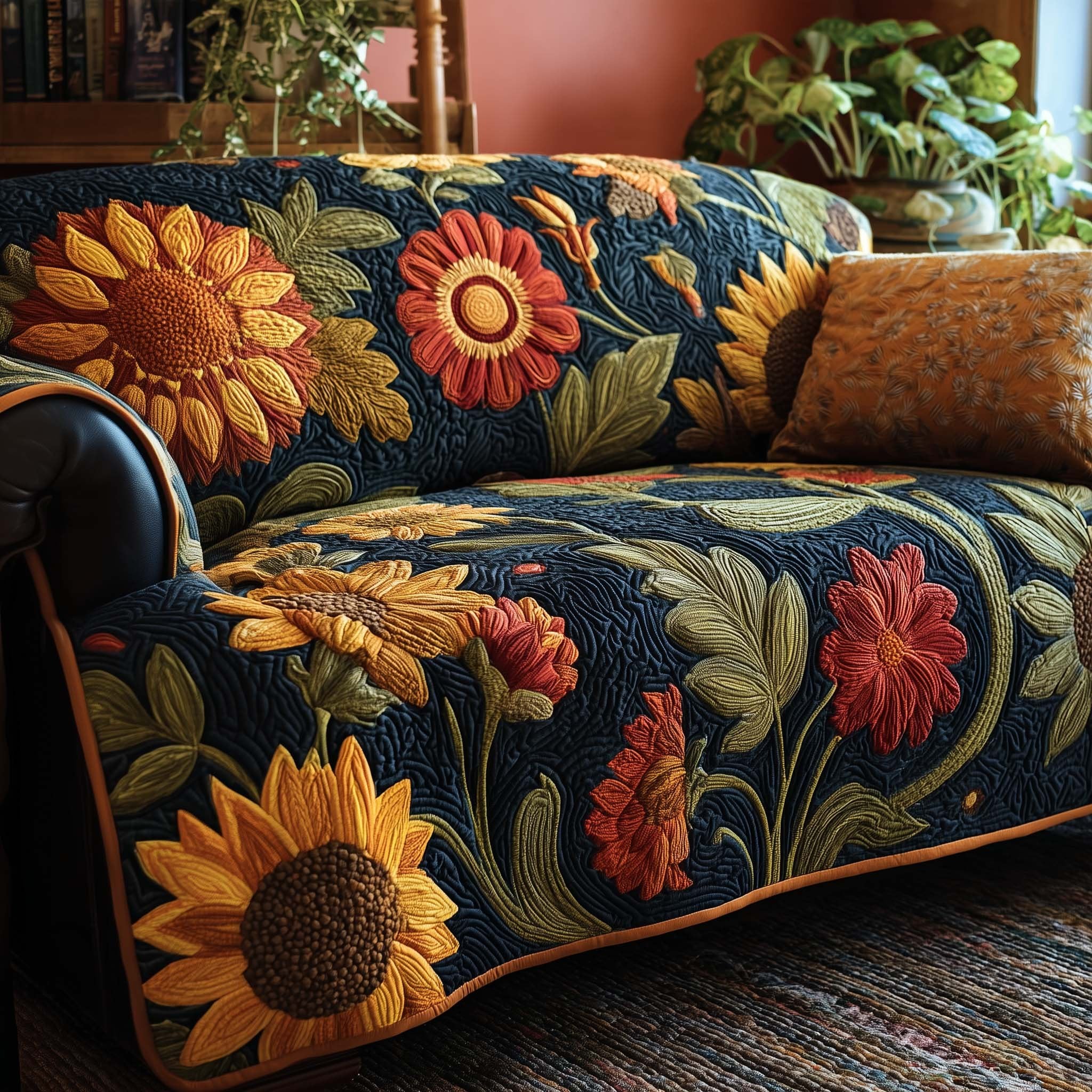 Sunflowers and Red Blooms on Navy Sofa Cover