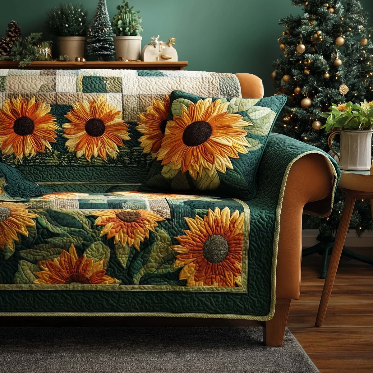 Sunflowers on Deep Green Sofa Cover