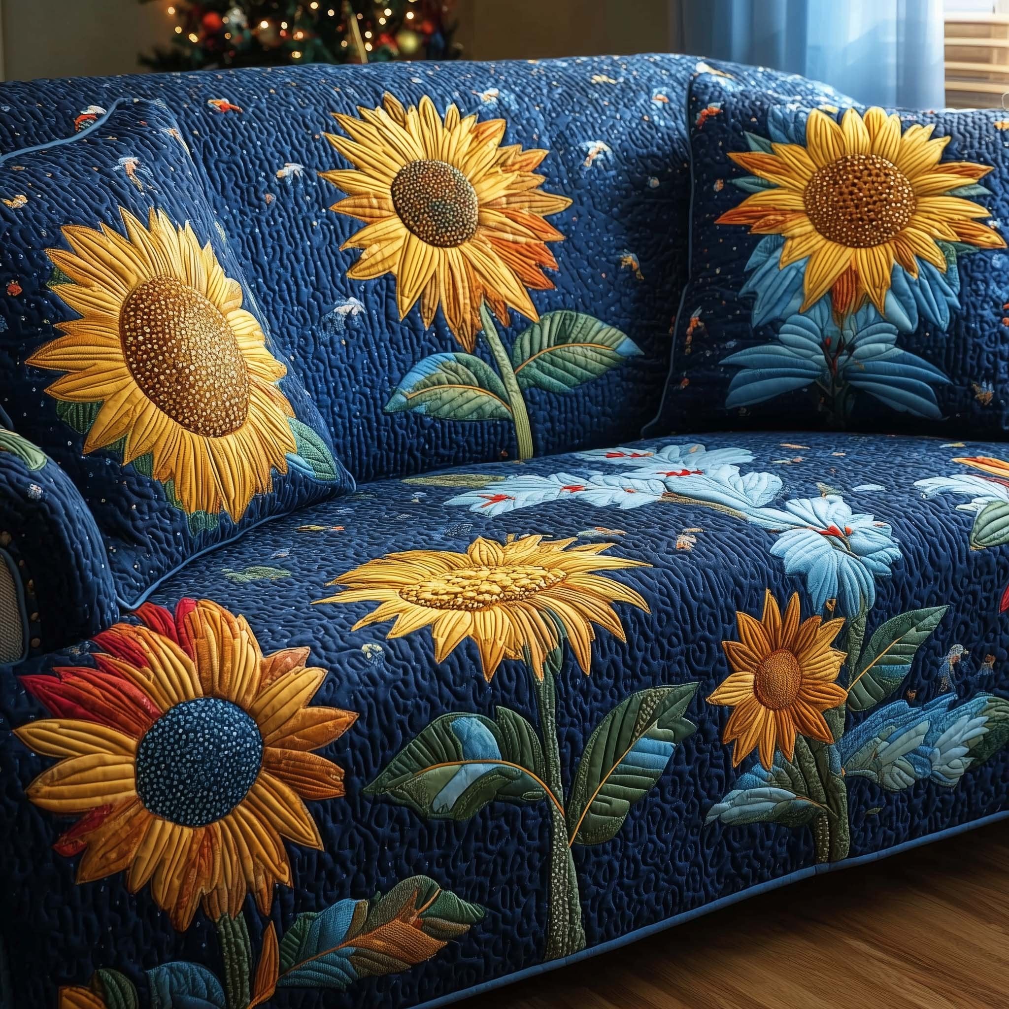 Sunflowers on Royal Blue Sofa Cover