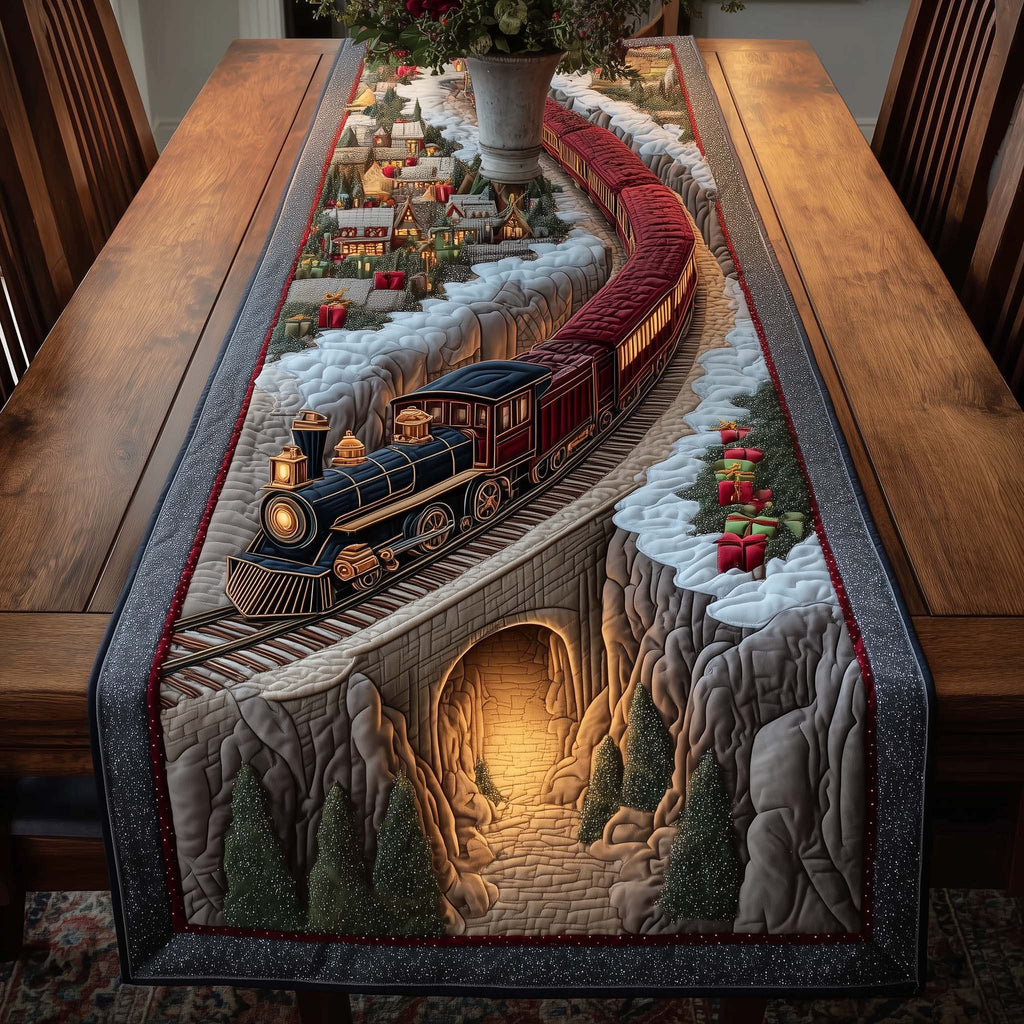 Steam Train Entering Lit Tunnel Table Runner