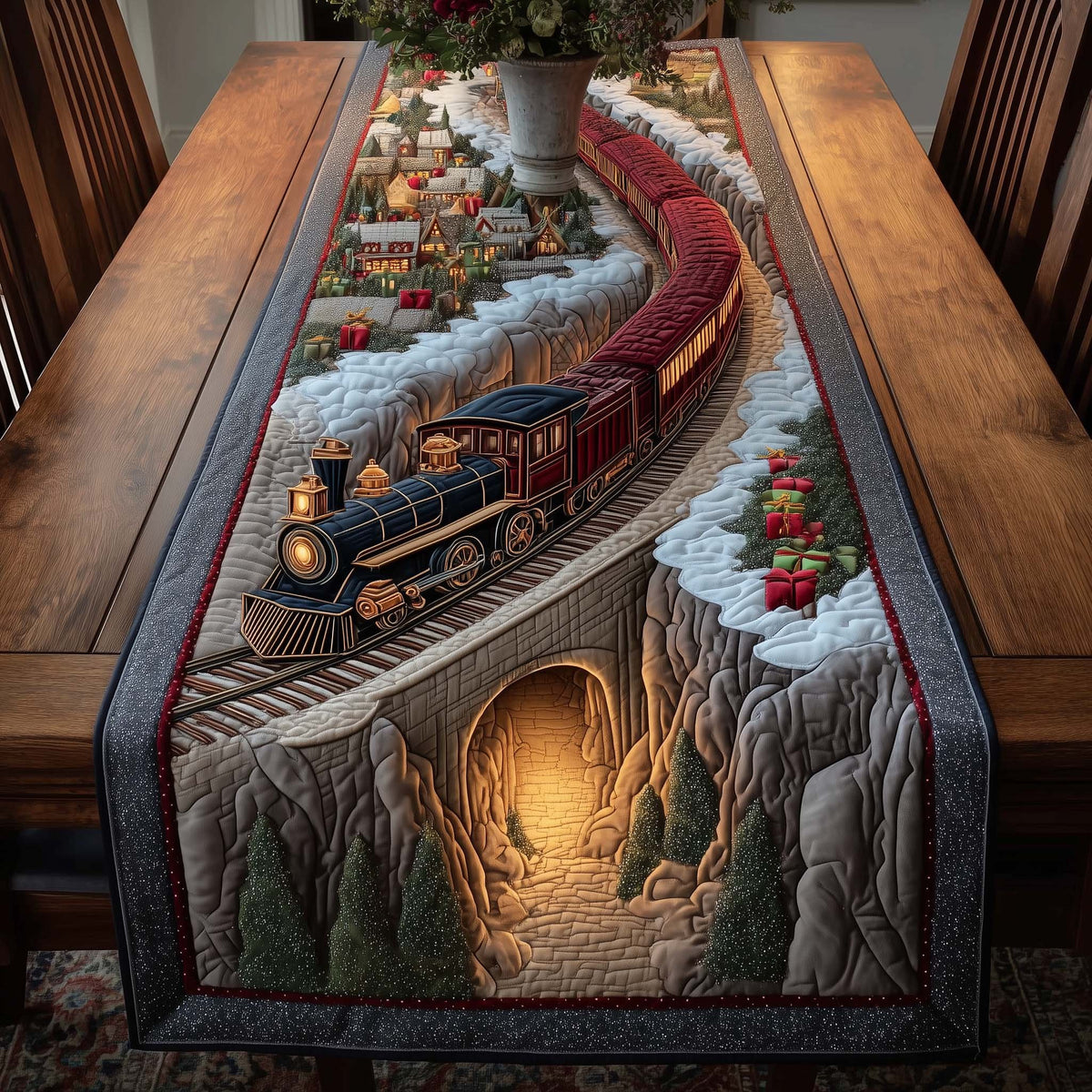 Steam Train Entering Lit Tunnel Table Runner