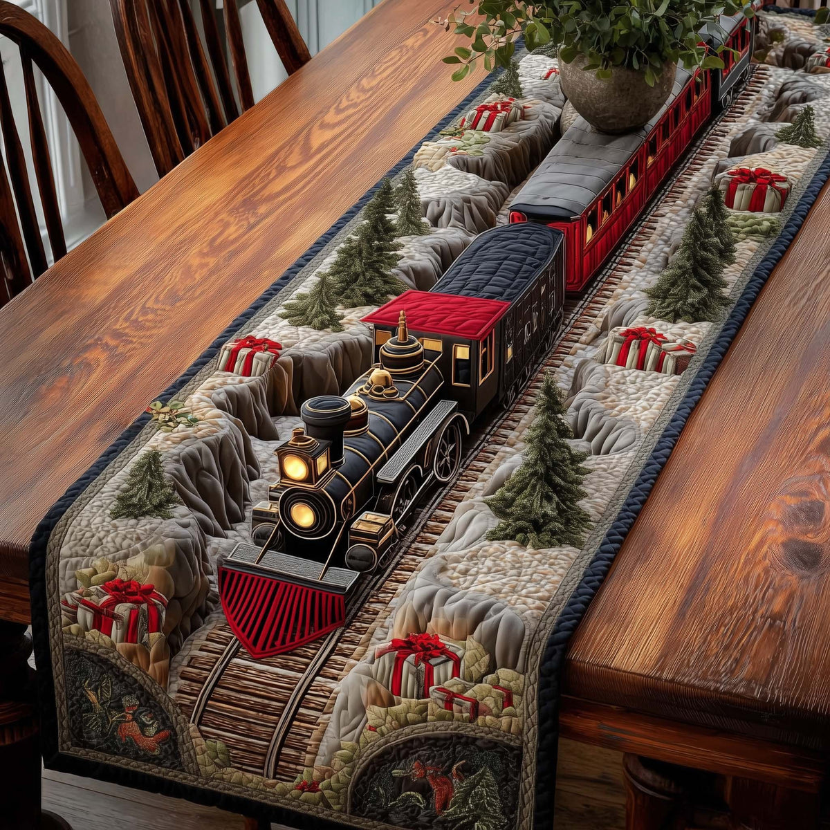 Black Locomotive with Wrapped Gifts Table Runner