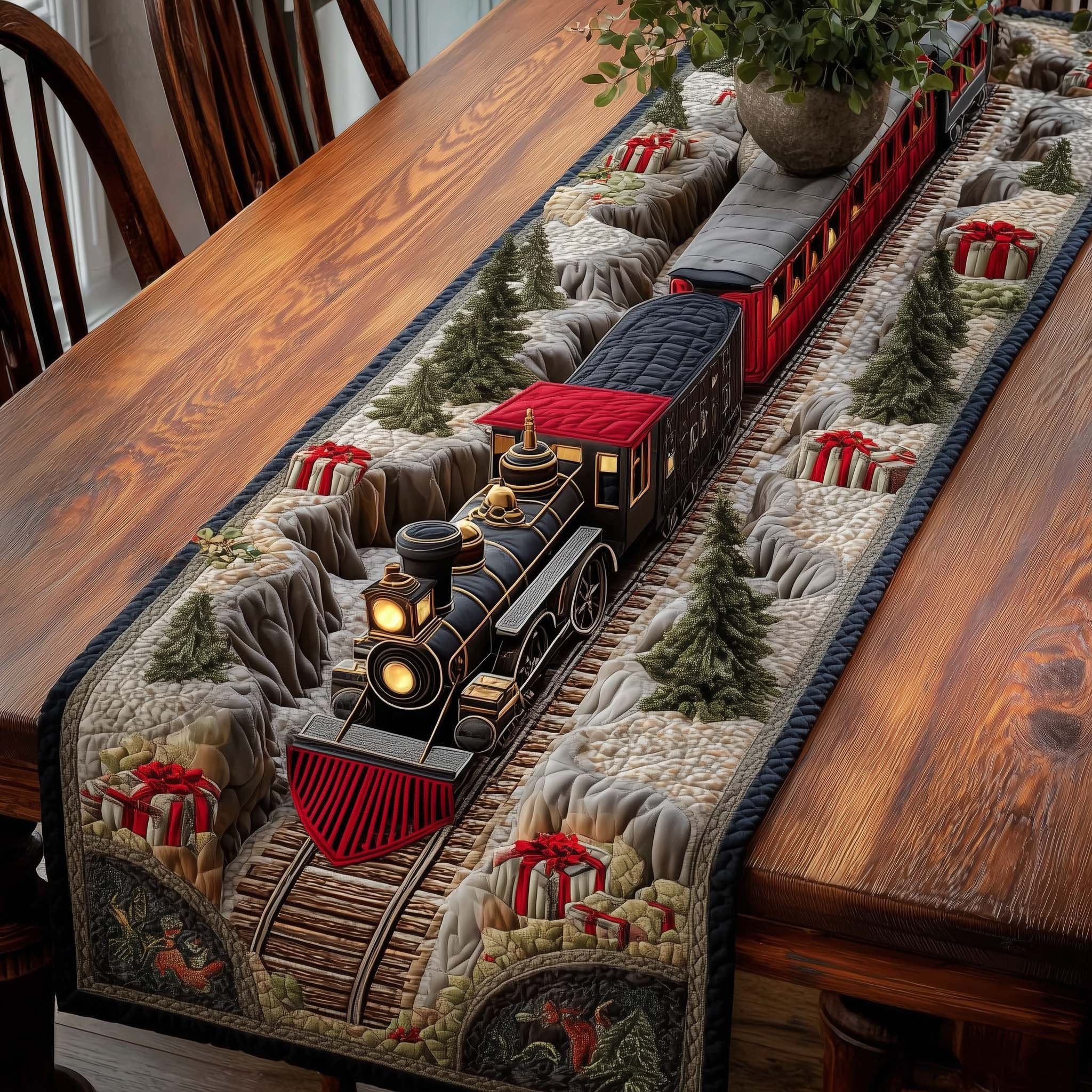 Black Locomotive with Wrapped Gifts Table Runner