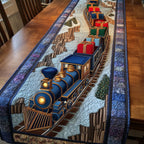 Blue Locomotive Carrying Presents Table Runner