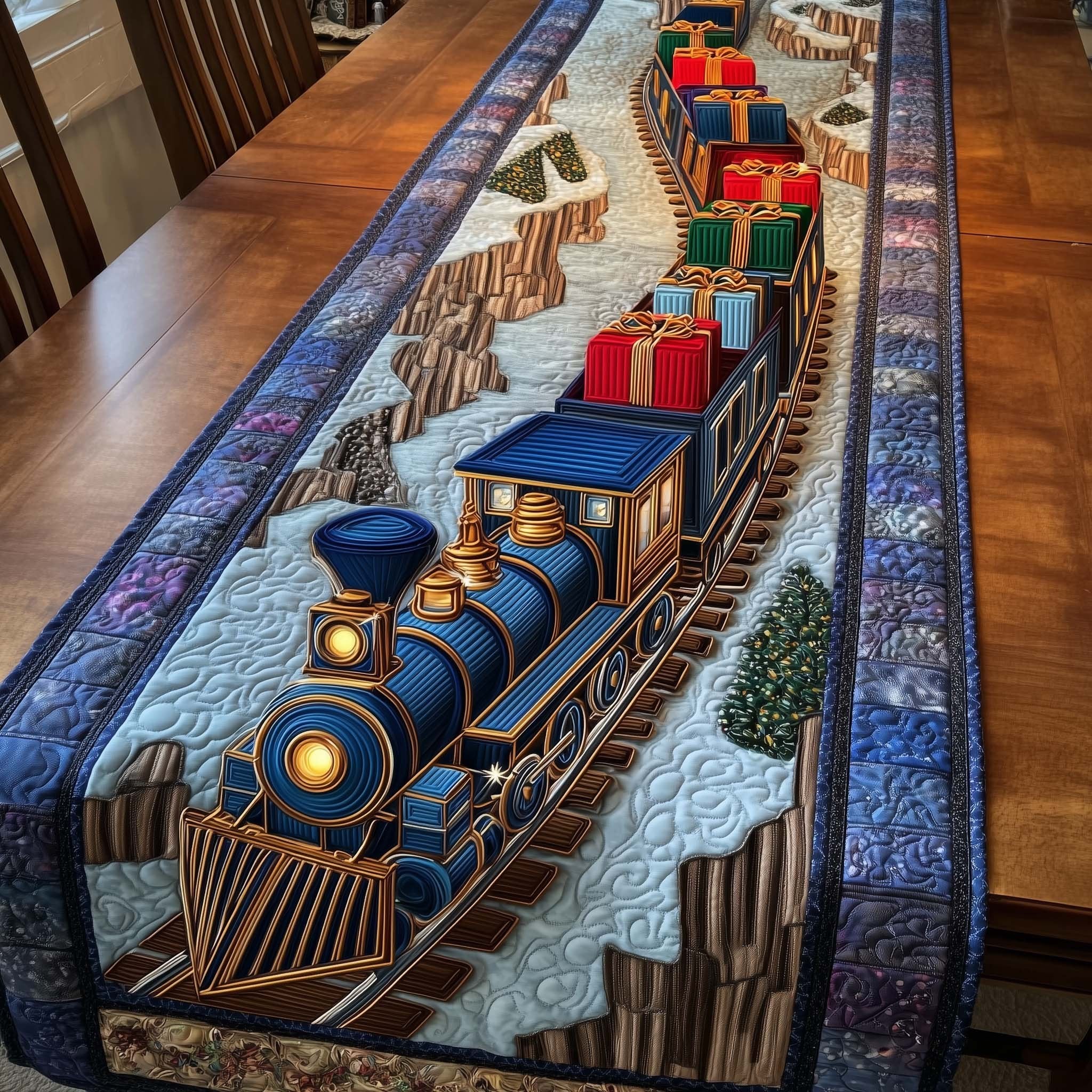 Blue Locomotive Carrying Presents Table Runner