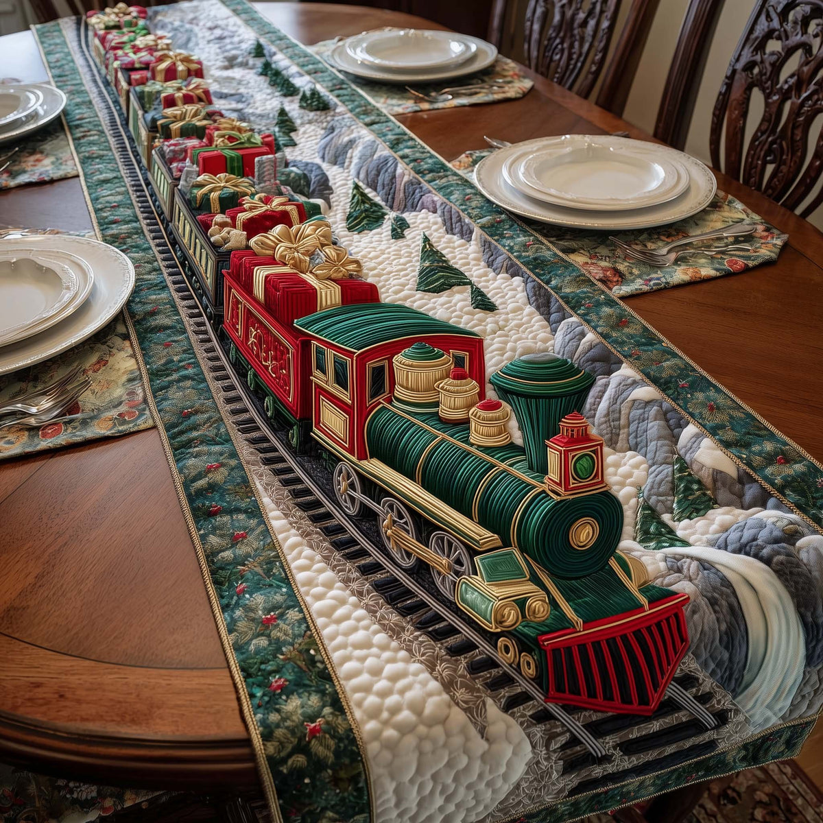 Green Toy Train in Snow Table Runner