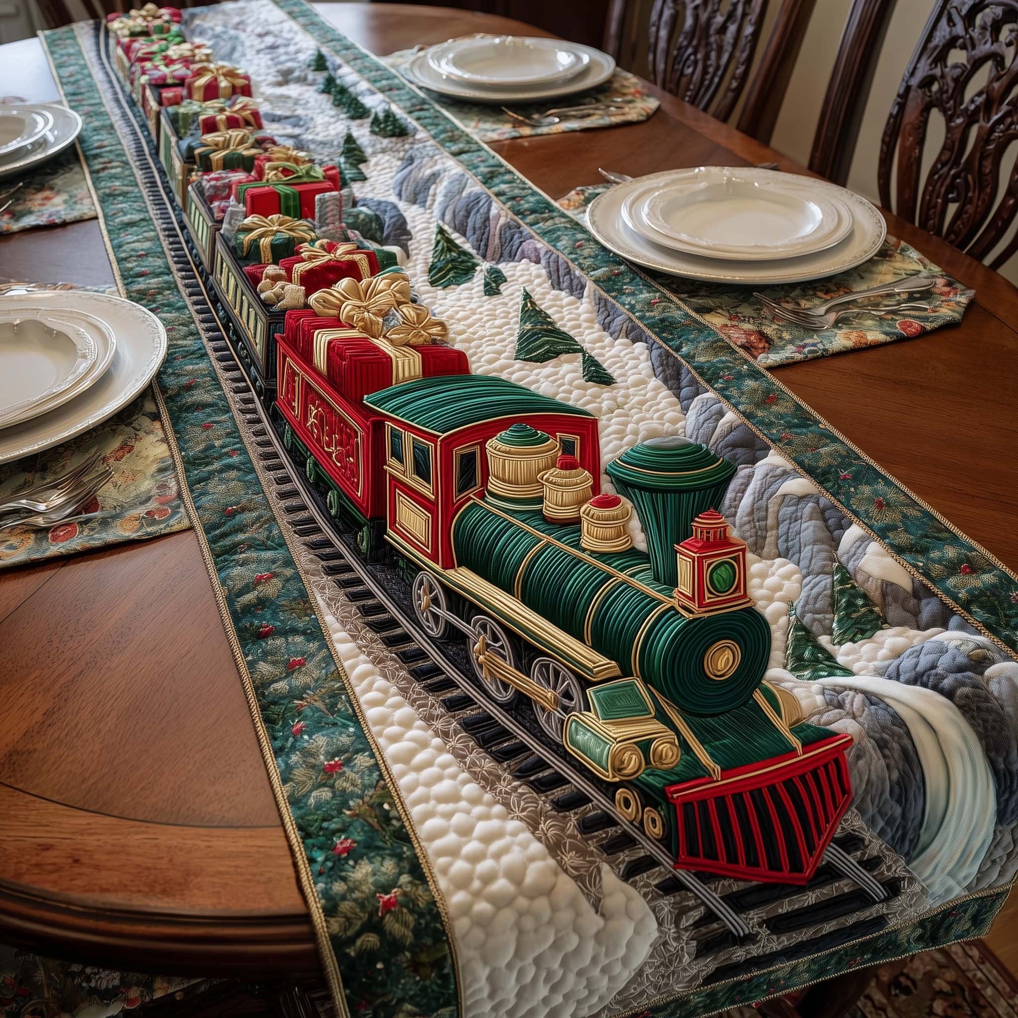Green Toy Train in Snow Table Runner