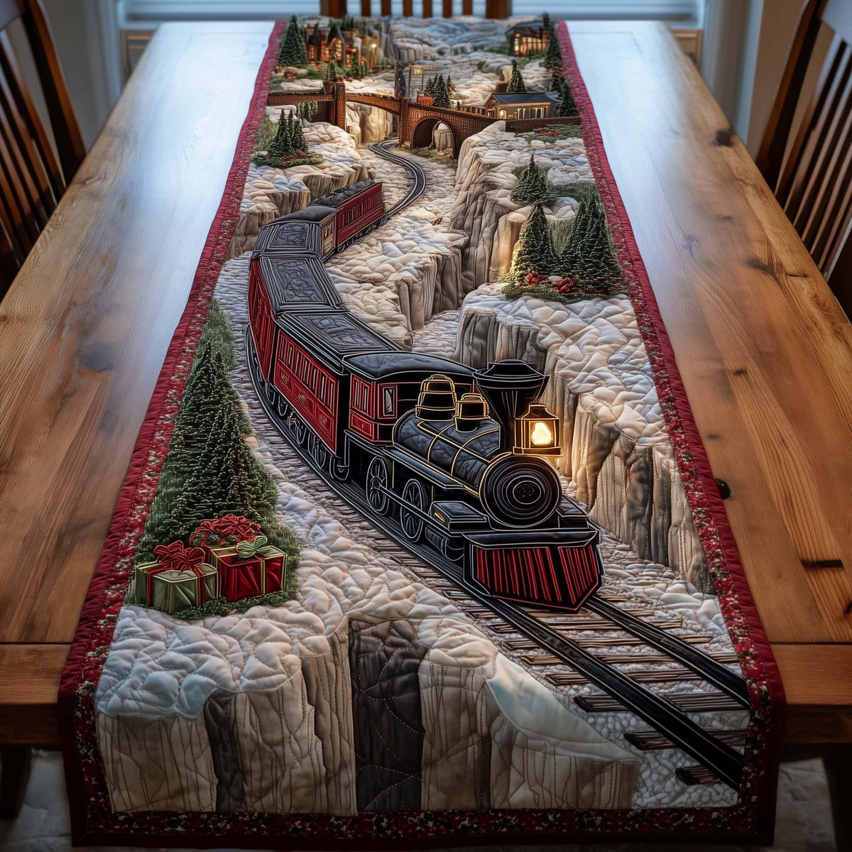 Dark Train on Snowy Mountain Track Table Runner