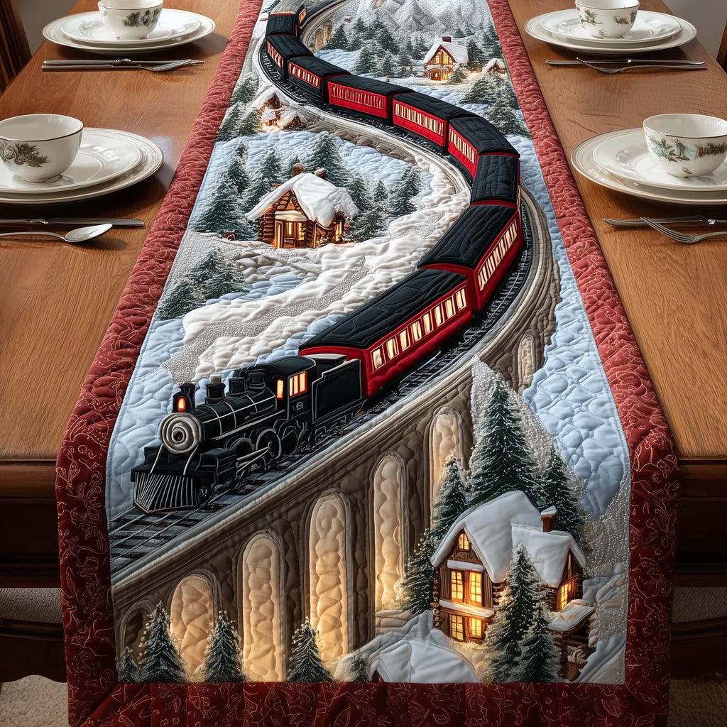 Steam Train Crossing Snowy Viaduct Table Runner