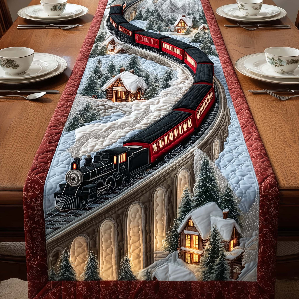 Steam Train Crossing Snowy Viaduct Table Runner