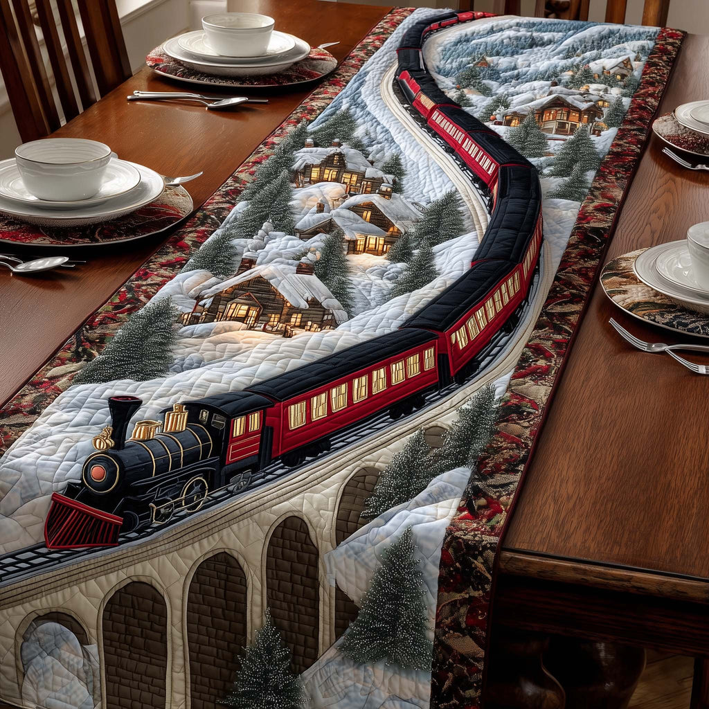 Red Train on Stone Arch Bridge Table Runner