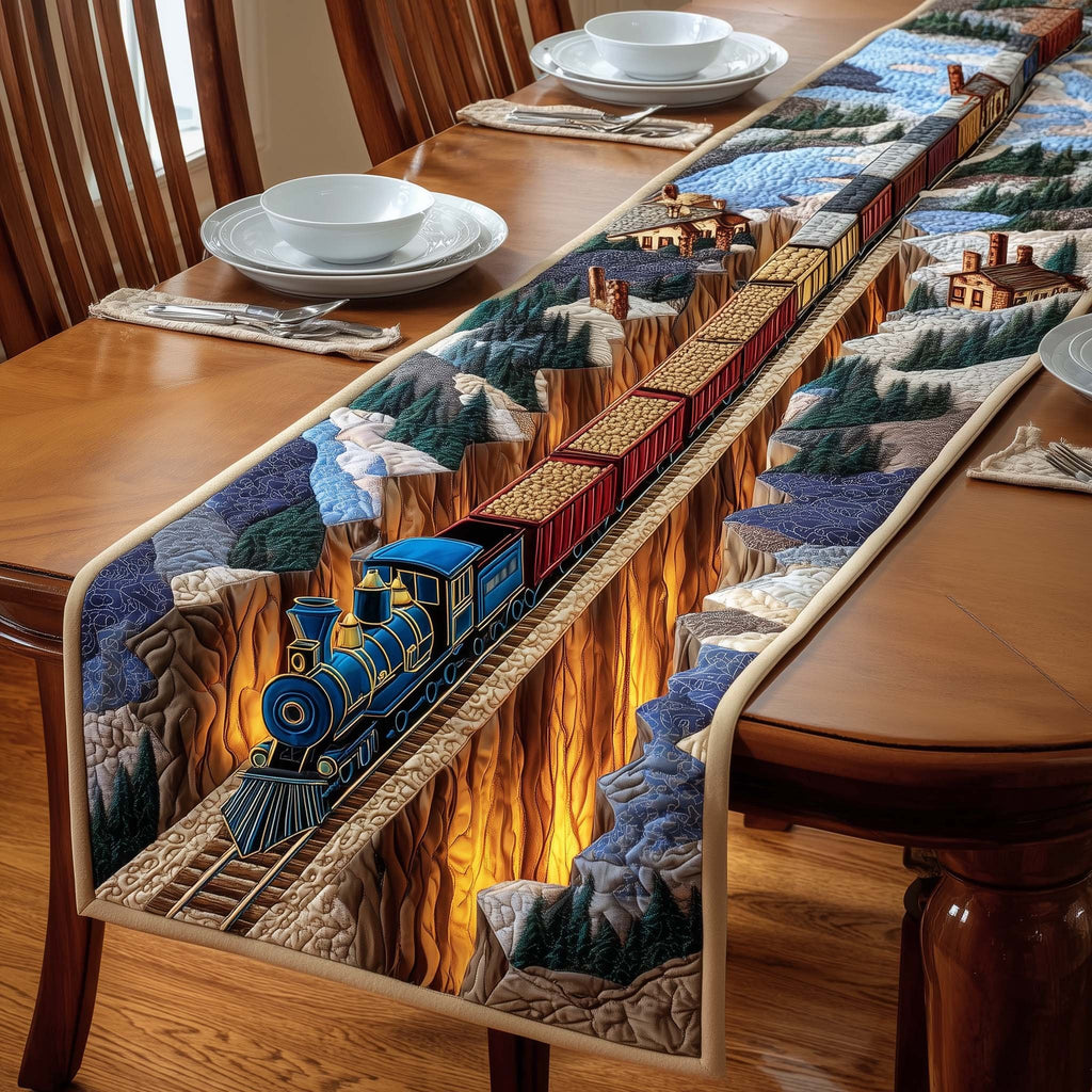 Blue Locomotive Above Glowing Canyon Table Runner