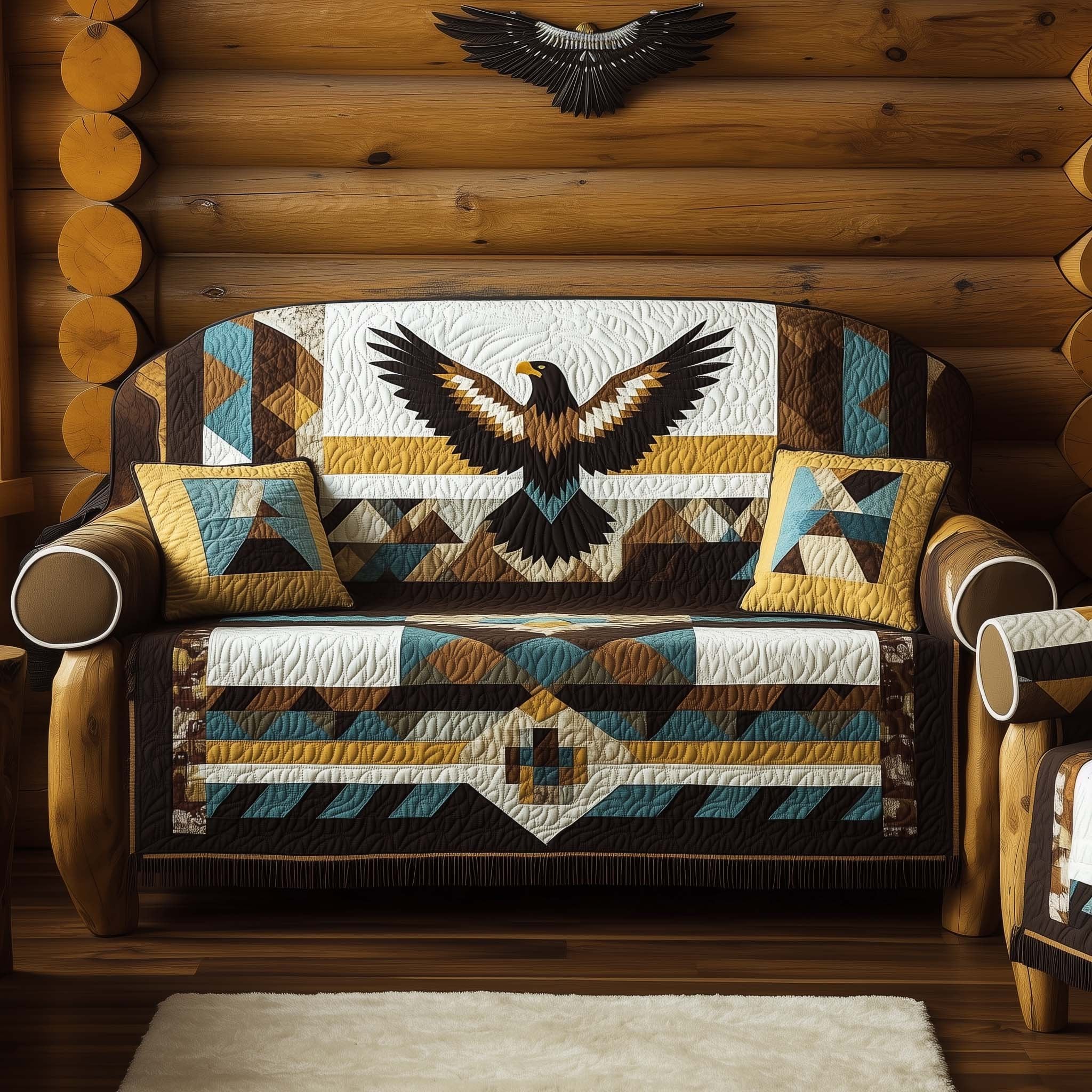 Black Eagle on Teal Geometry Sofa Cover