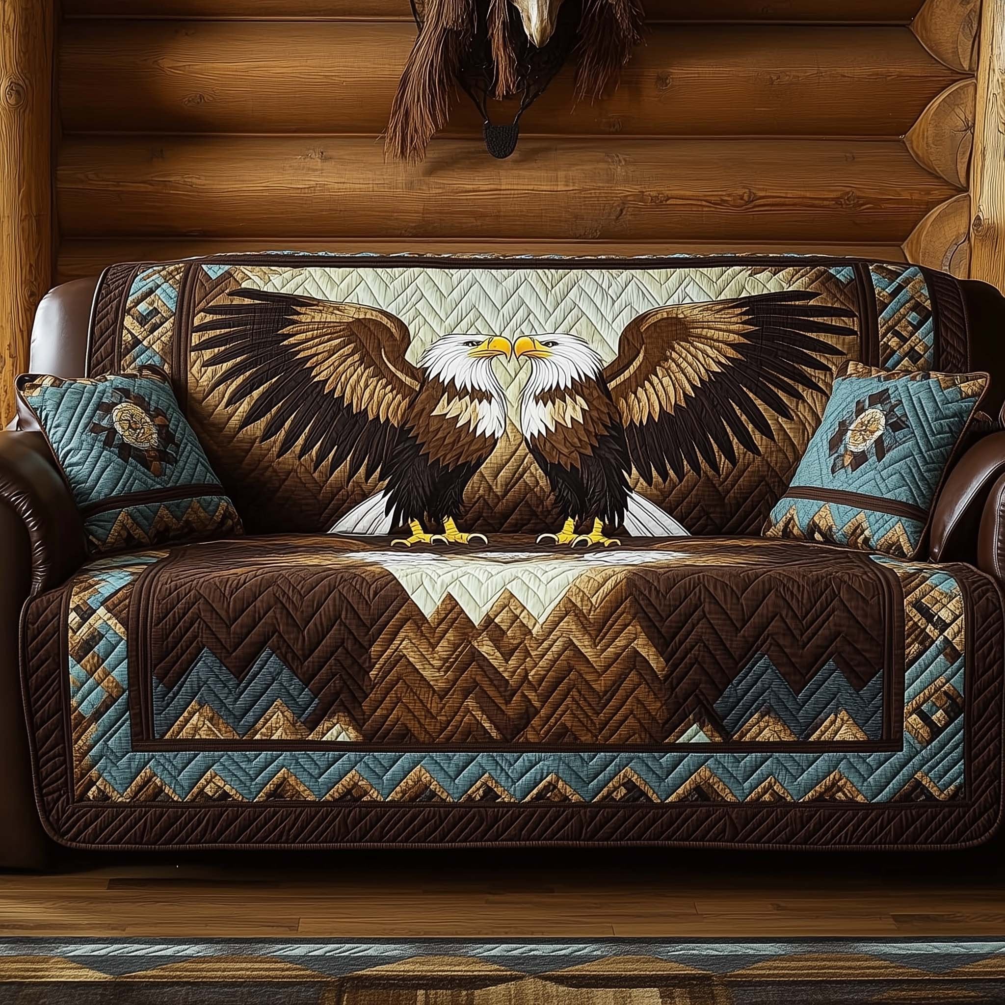 Paired Eagles on Brown Chevrons Sofa Cover