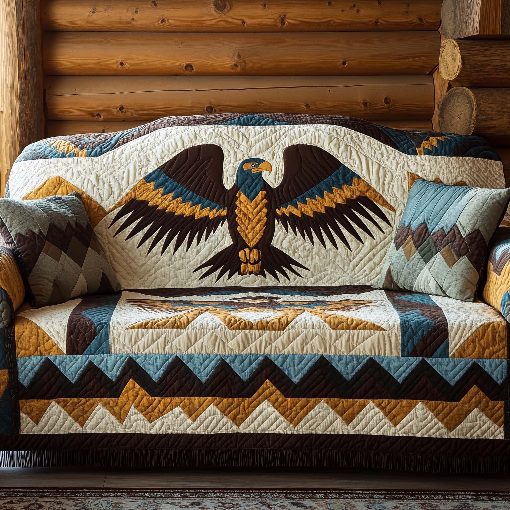 Eagle on Cream Zigzag Weave Sofa Cover