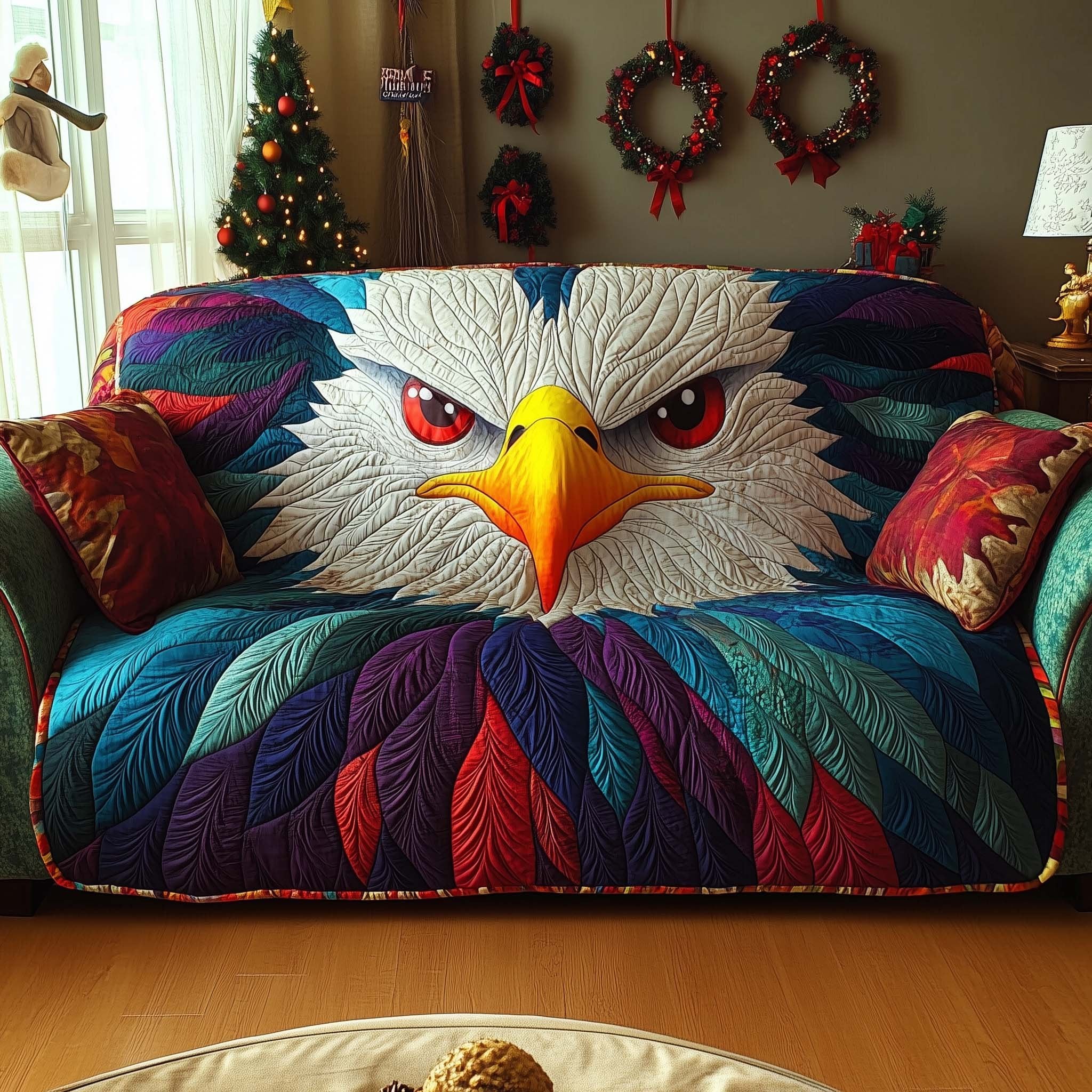 Fierce Eagle in Rainbow Feathers Sofa Cover