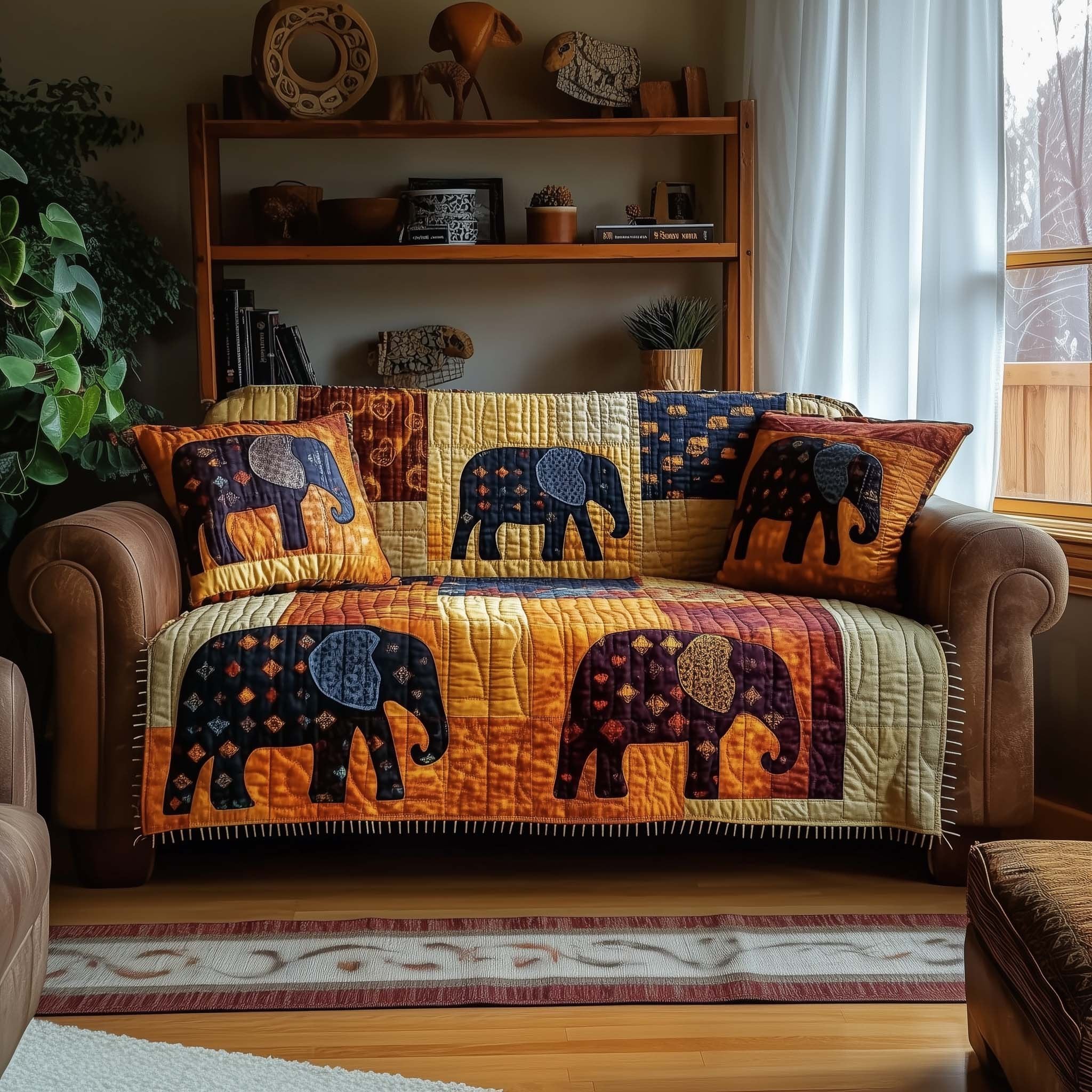 Elephants on Orange and Navy Blocks Sofa Cover