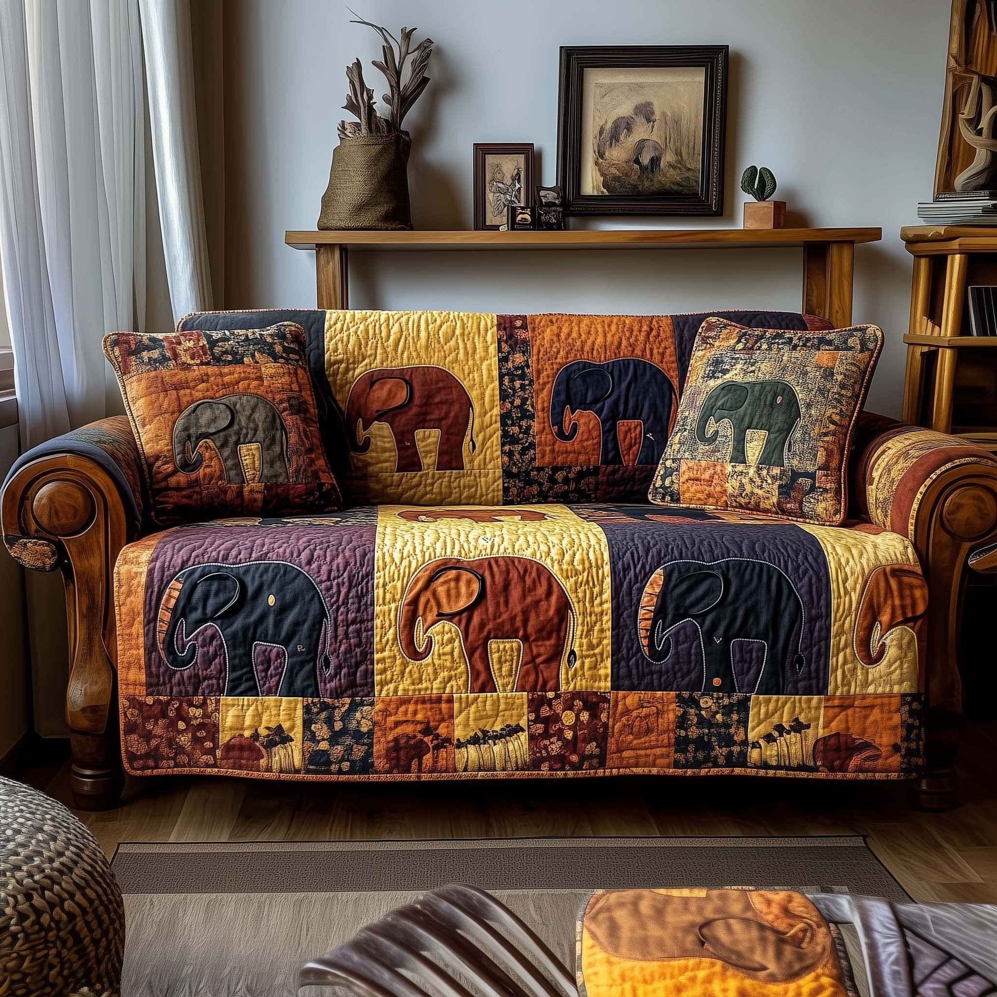 Elephants in Purple and Gold Blocks Sofa Cover