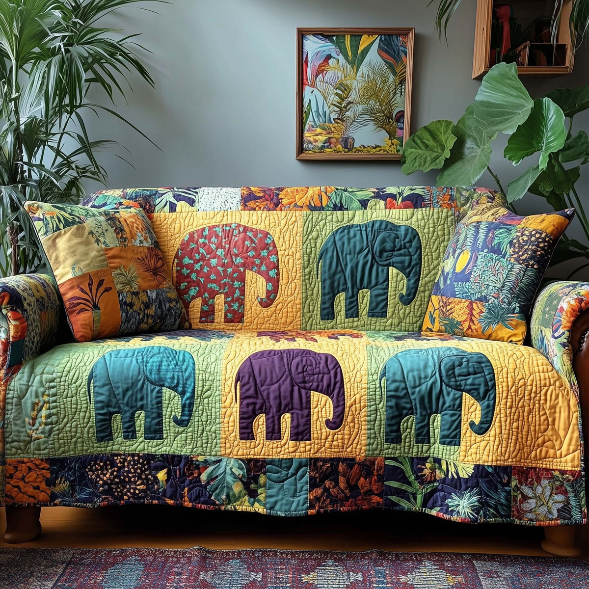 Patterned Elephants in Bright Blocks Sofa Cover