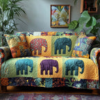 Patterned Elephants in Bright Blocks Sofa Cover