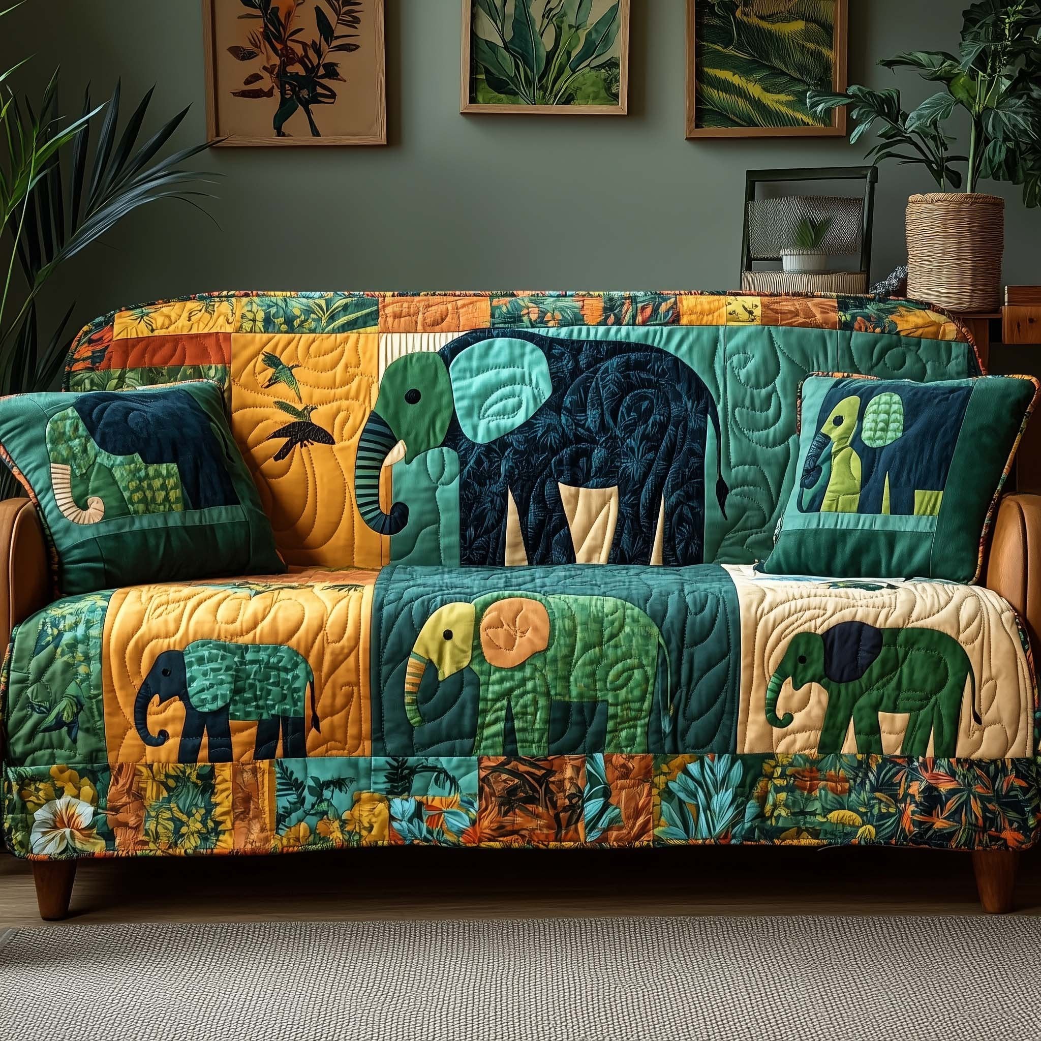 Teal Elephants Among Green Leaves Sofa Cover