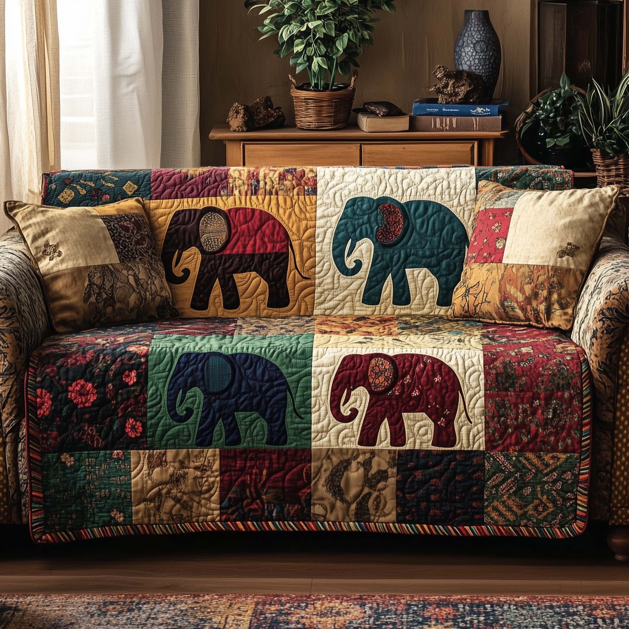 Elephants on Rust Country Blocks Sofa Cover