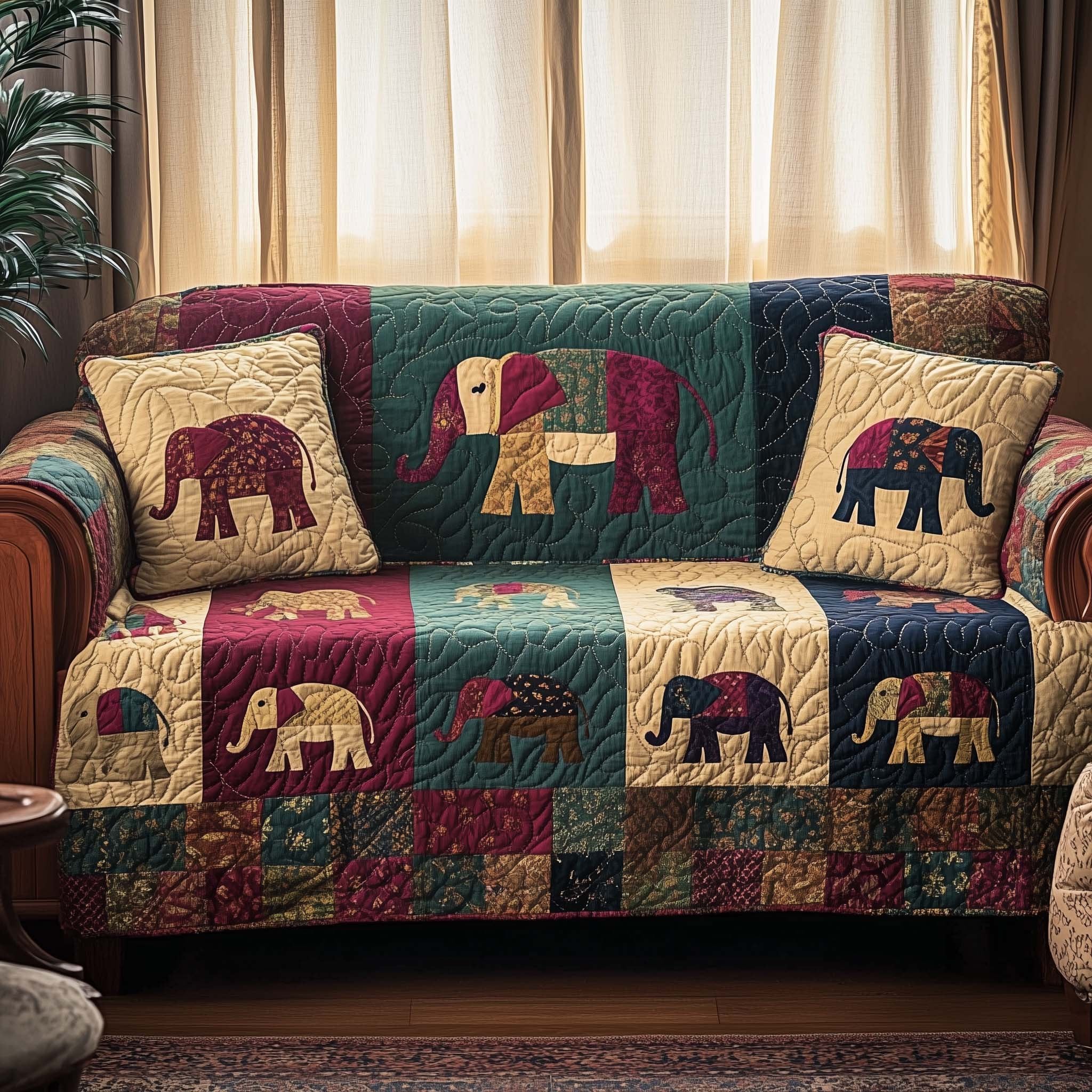 Little Elephants on Red and Green Sofa Cover